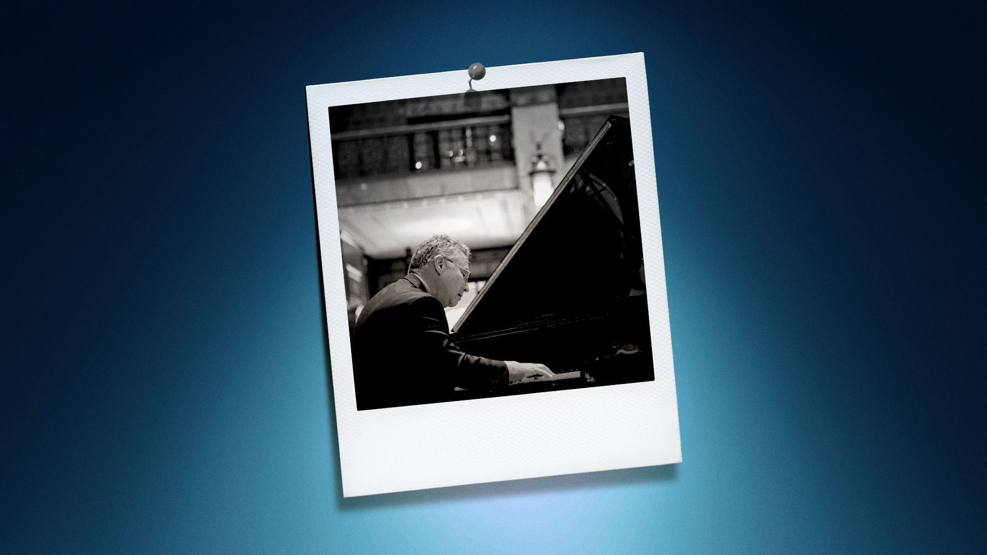 Photo illustration of John Kite in the center of a Polaroid photo under a blue spotlight.