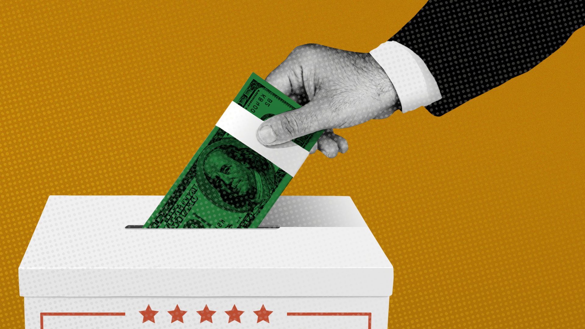 Illustration of hand putting money in ballot box.