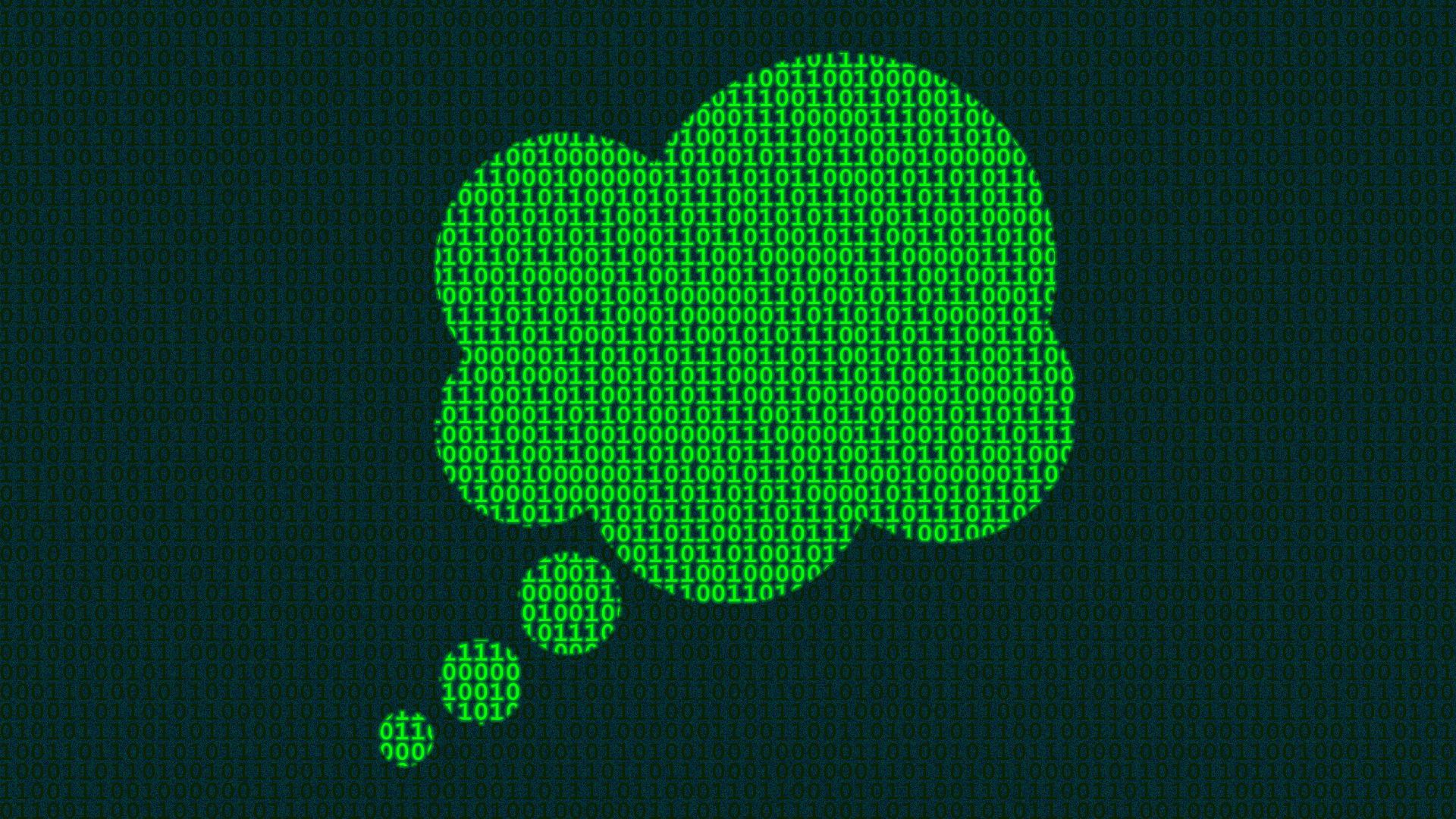 illustration of a screen of binary code with parts of it glowing in green to form a thought bubble