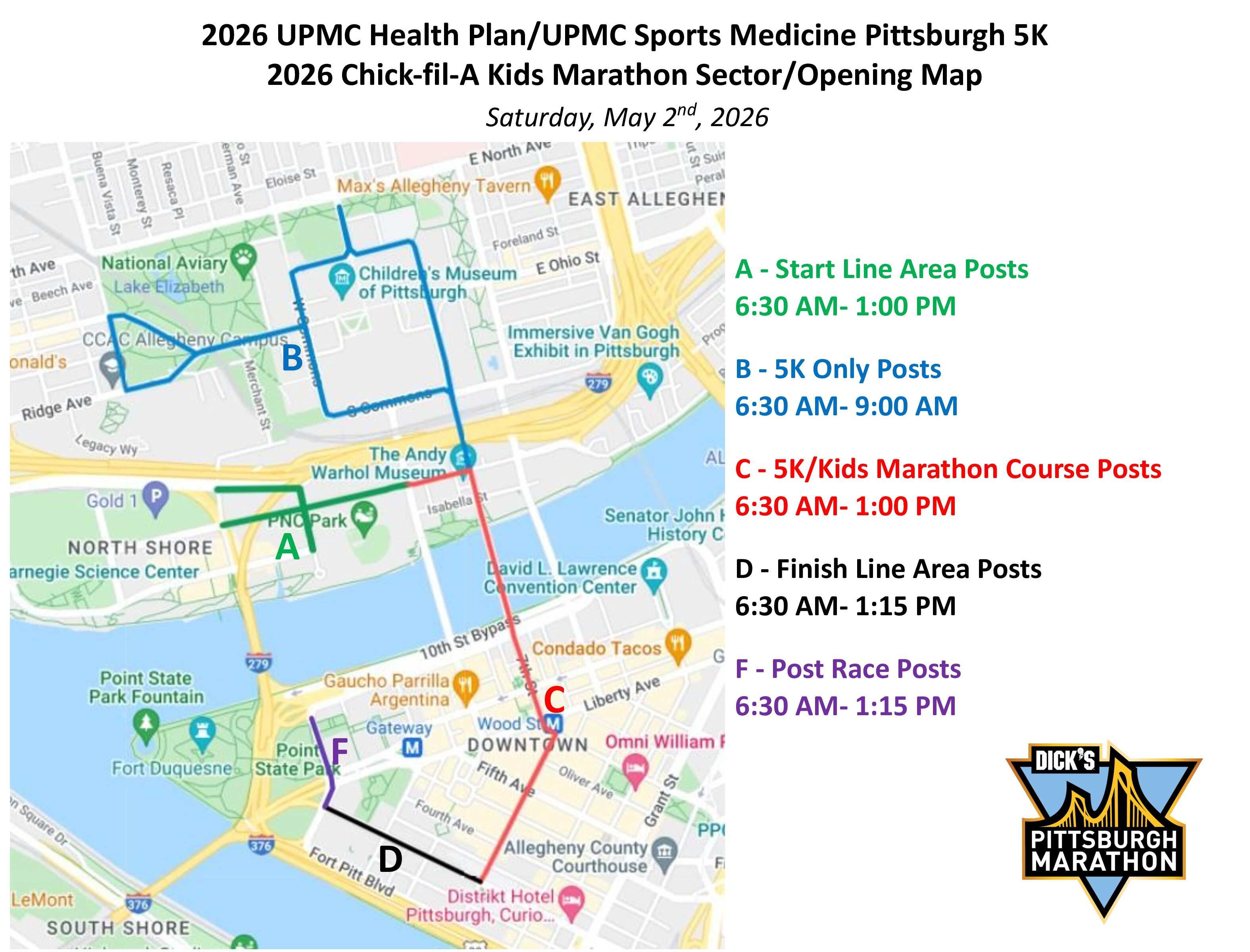 Map of Pittsburgh for the 2026 UPMC Health Plan/UPMC Sports Medicine event. Shows colored routes A–F across city with blue and green lines, labels, and event logos on right.