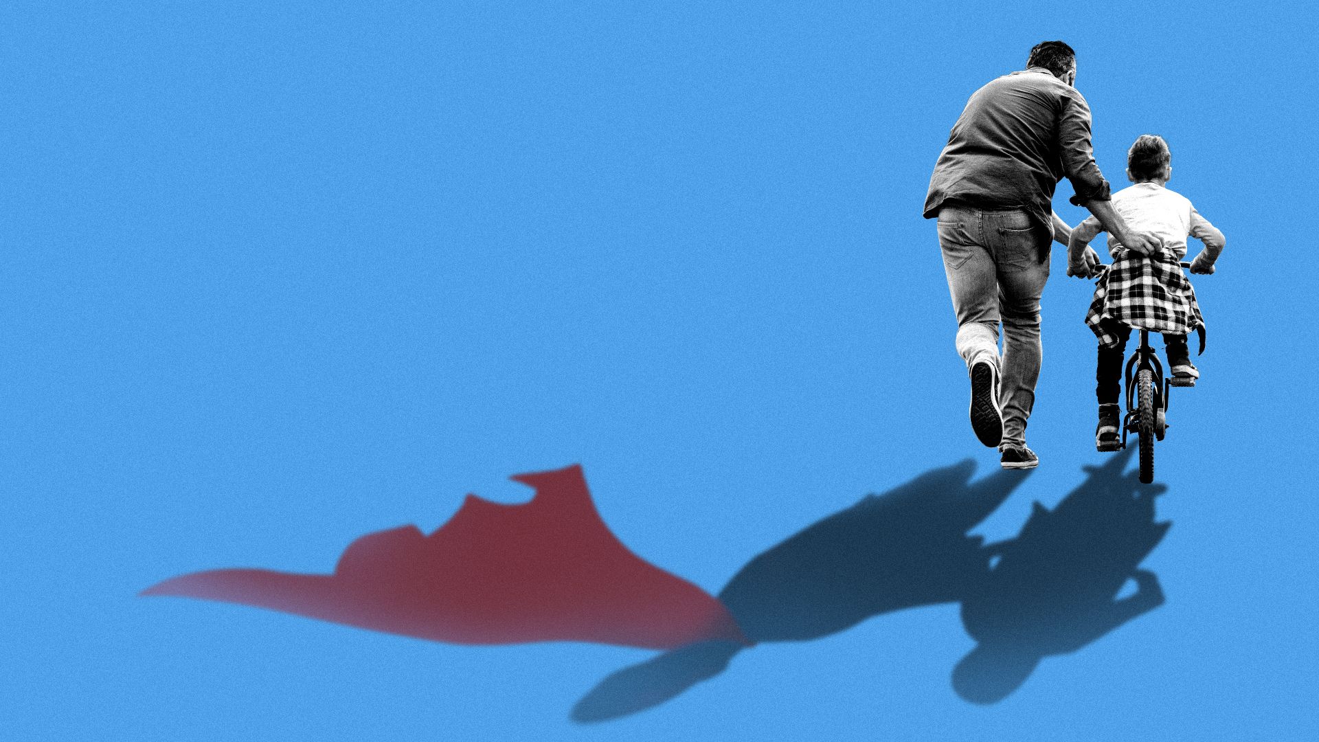 Illustration of a father helping his son ride a bike with a shadow wearing a cape.