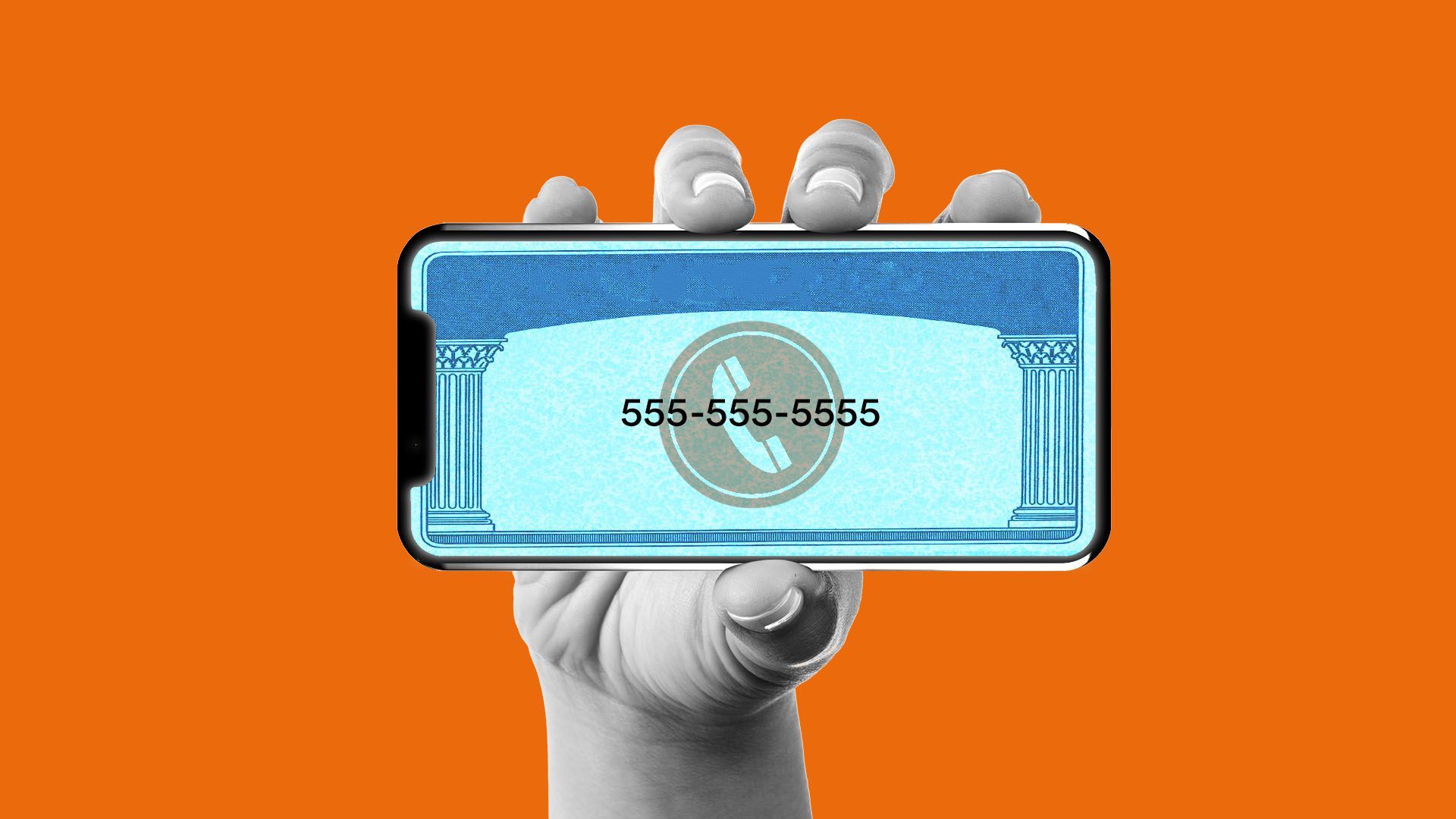 An illustration of a phone with what looks to be a social security card but is a phone number instead.
