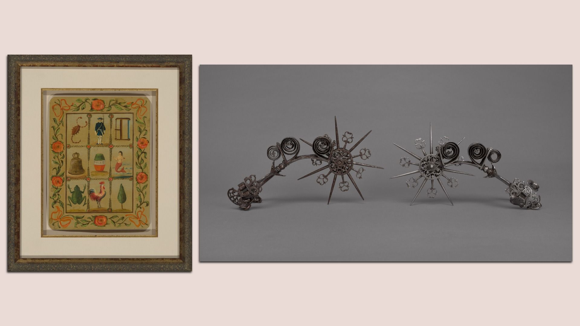 Two-piece artwork: left is a framed cream-matted panel with a floral rose border and a grid of small illustrated squares; right shows two spiky ornamental metal starbursts linked by a chain on gray.