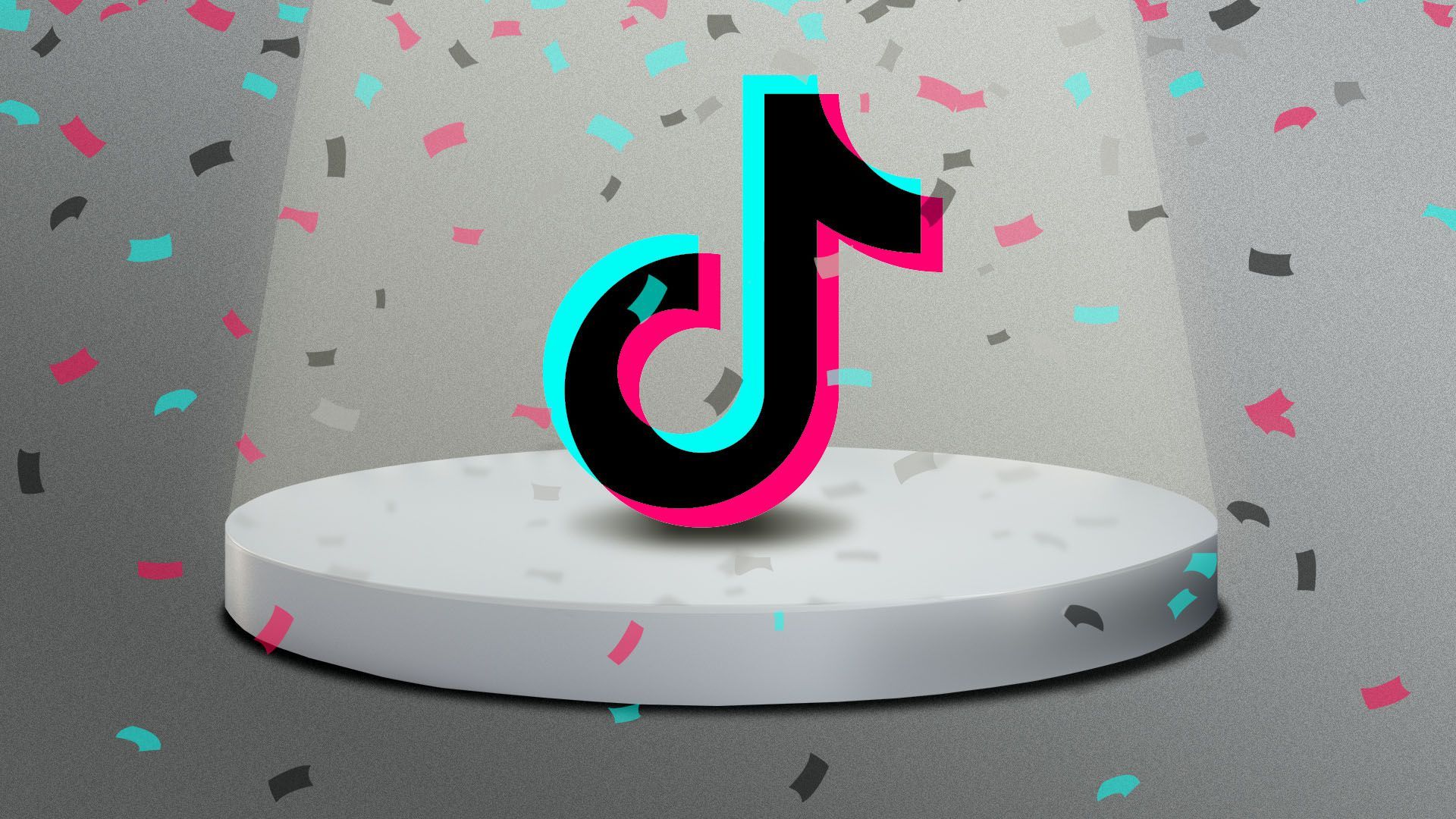 Illustration of the TikTok logo on a dais under a spotlight with confetti falling around it