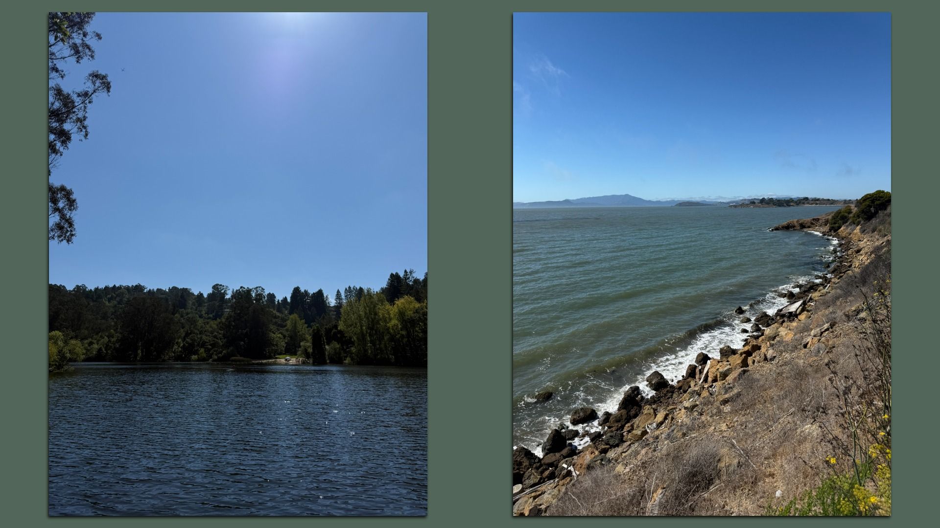 Two landscape photos side by side: left shows a lake surrounded by green trees under a blue sky with bright sunlight, right shows a rocky coastline with waves and distant mountains under a clear blue sky.