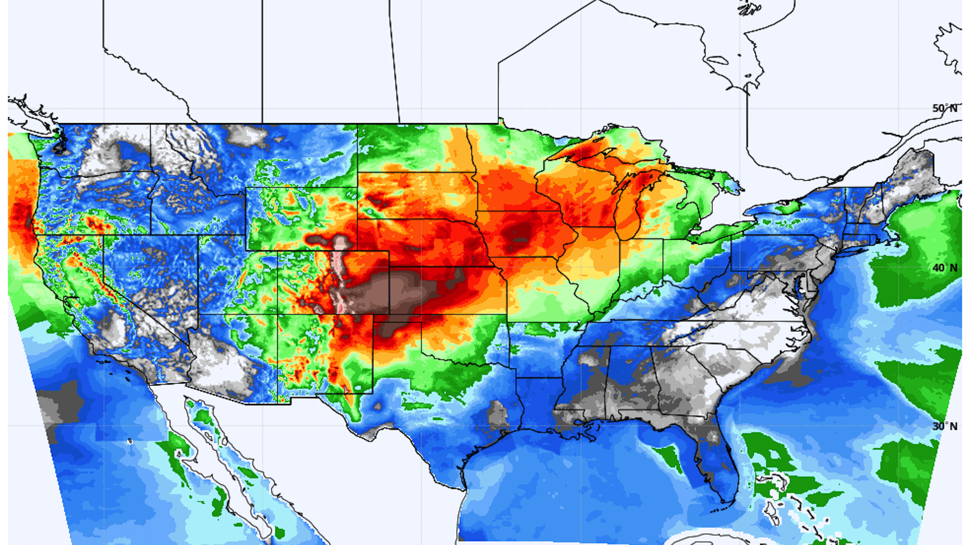 Weather forecast map showing maximum winds on December 15, 2021.