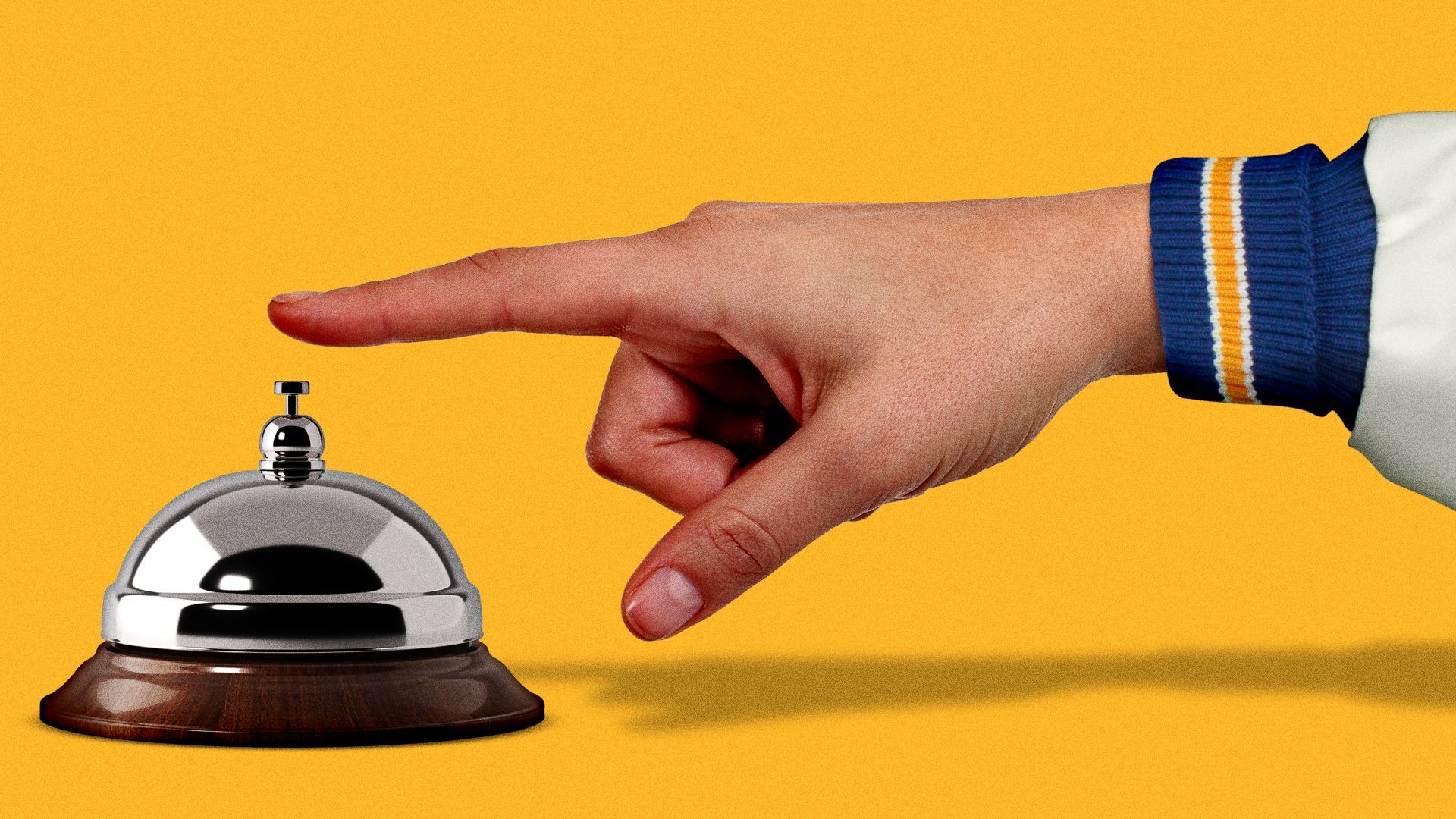 Illustration of a college student ringing a concierge bell. 