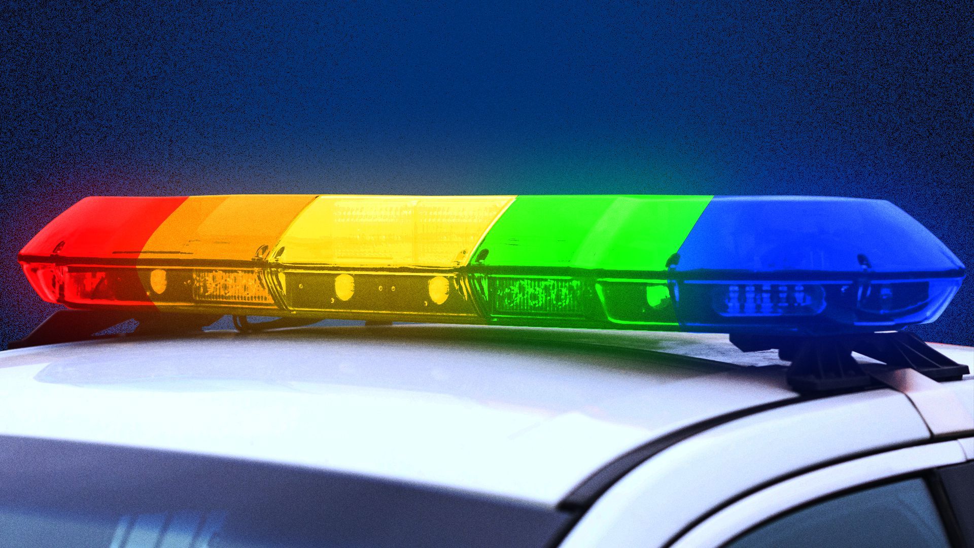 Illustration of flashing rainbow police lights.