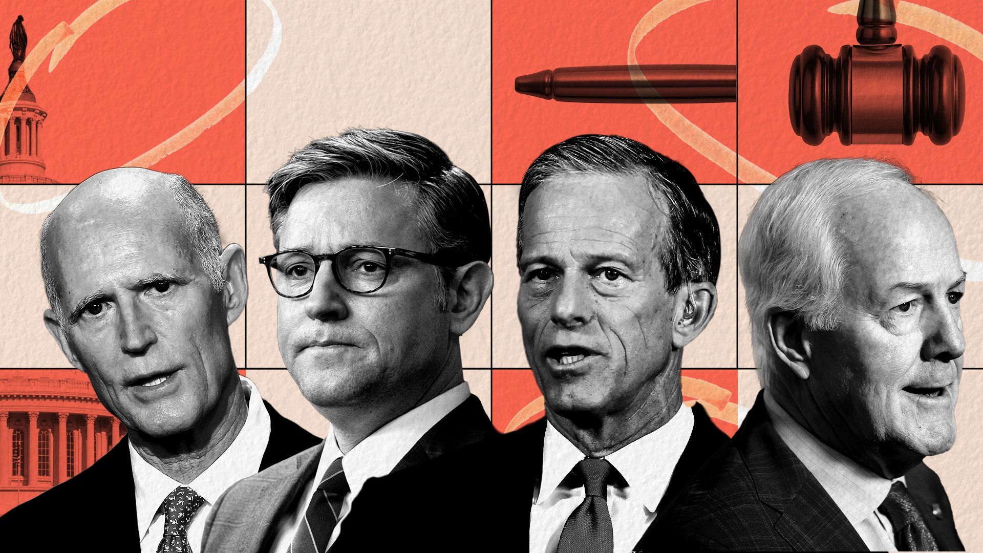 Photo illustration of Rick Scott, Mike Johnson, John Thune, and John Cornyn on a grid background showing pieces of the Capital building and a gavel. 