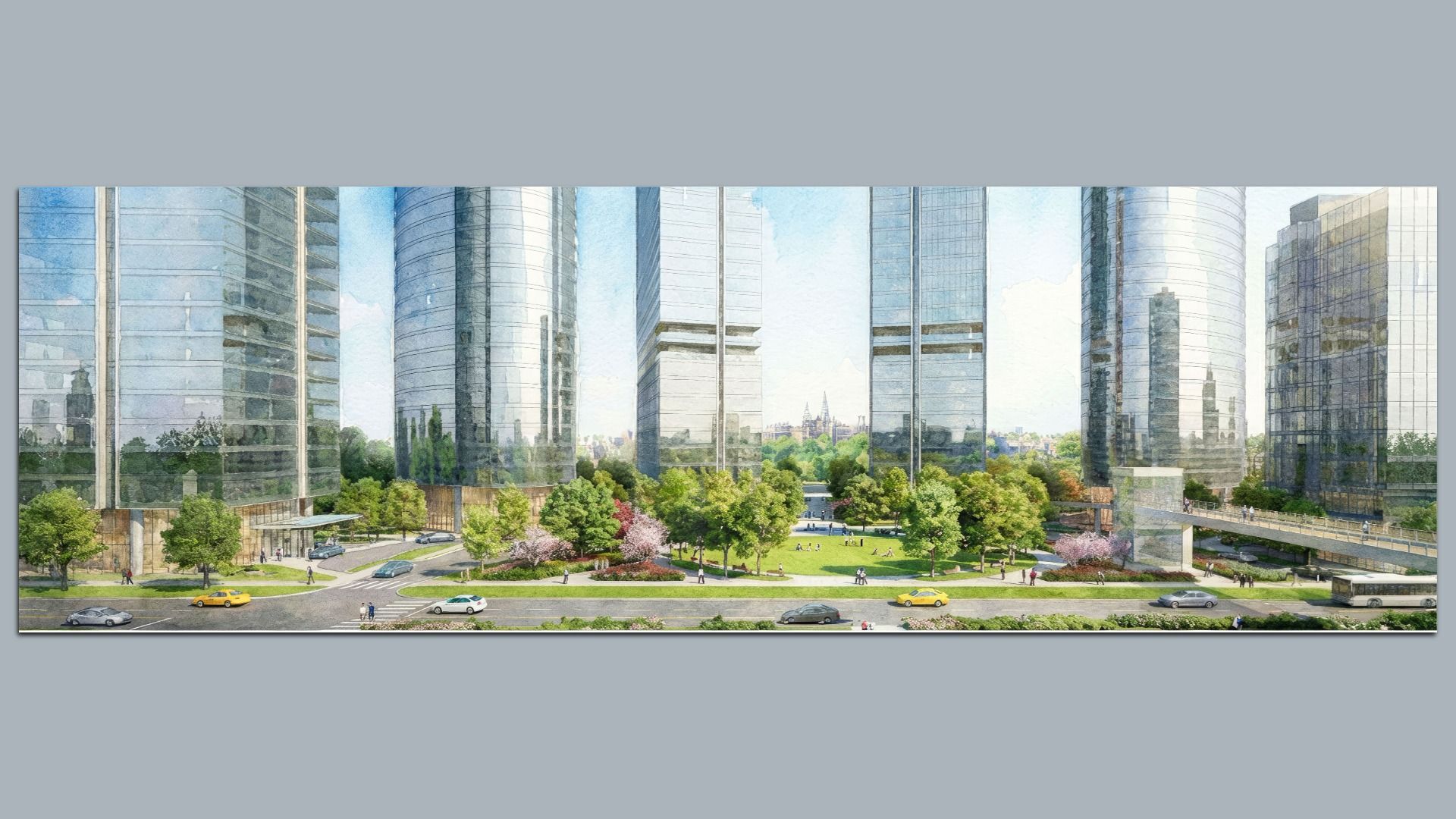 Cityscape with tall glass skyscrapers surrounding a green park with trees and people walking. Cars and a bus travel on roads in the foreground under a blue sky.