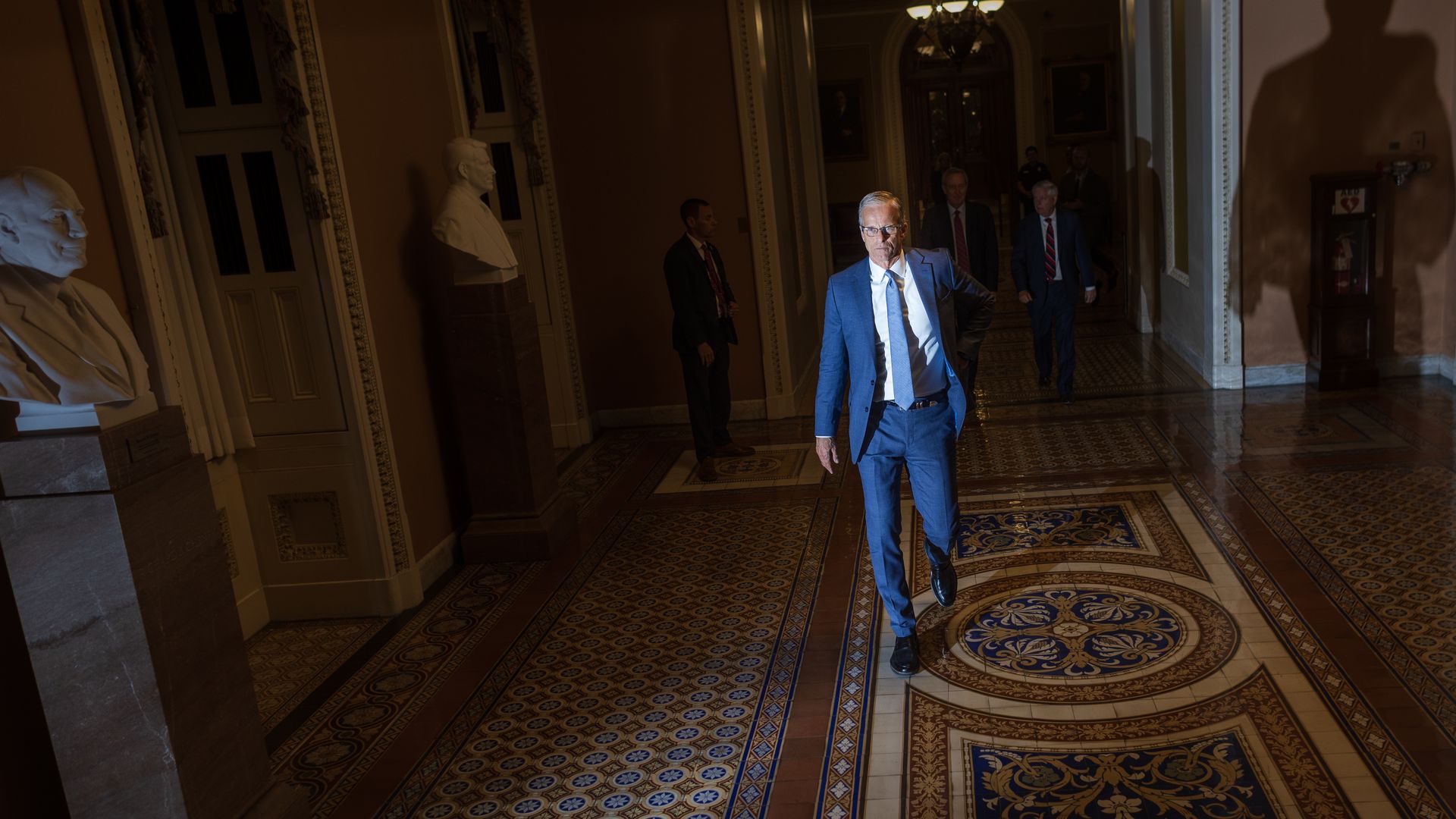 Senate Majority Leader John Thune (R-S.D.) walks to his office on July 1, 2025 on Capitol Hill in Washington