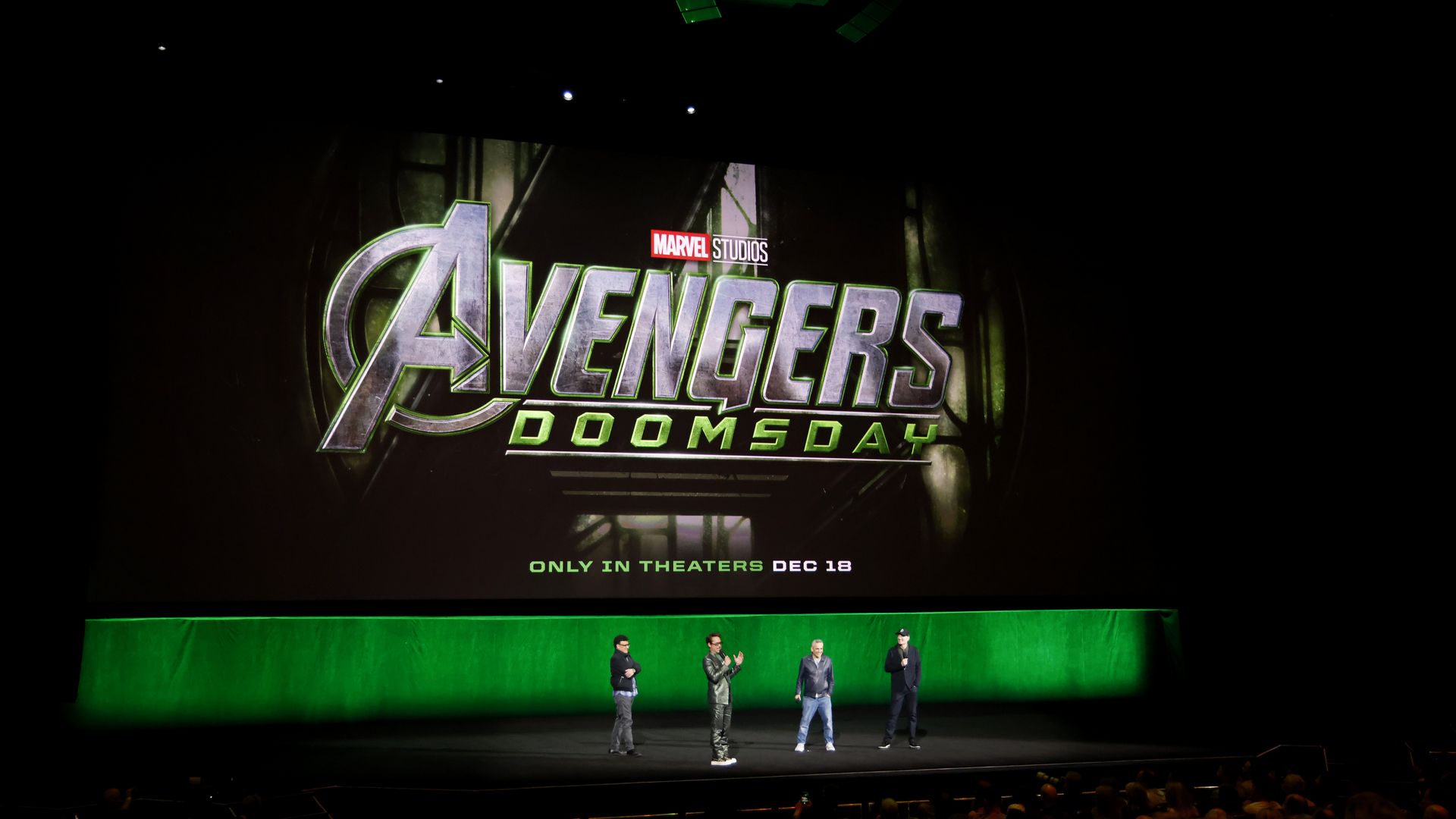 Anthony Russo, Robert Downey Jr., Joe Russo and Marvel Studios President Kevin Feige stand together onstage during Walt Disney Studios' CinemaCon presentation promoting "Avengers: Doomsday" in Las Vegas.