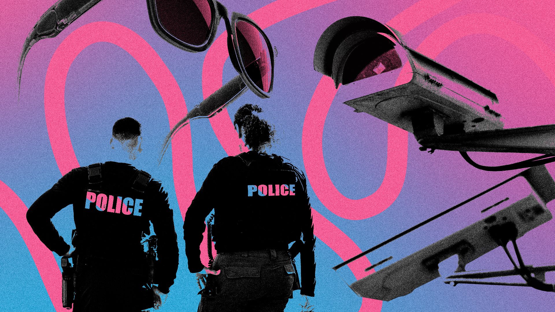 Illustration of police officers, Meta glasses, and security cameras
