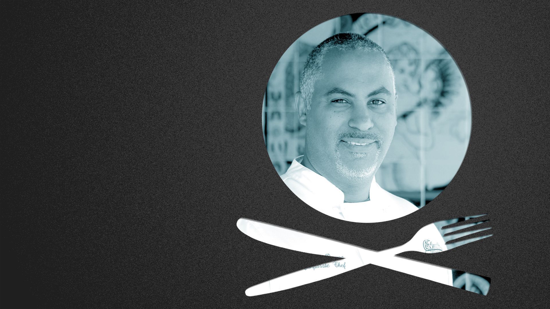 Photo illustration of Gerry Bayona with a cutlery in the shape of a skull and crossbones