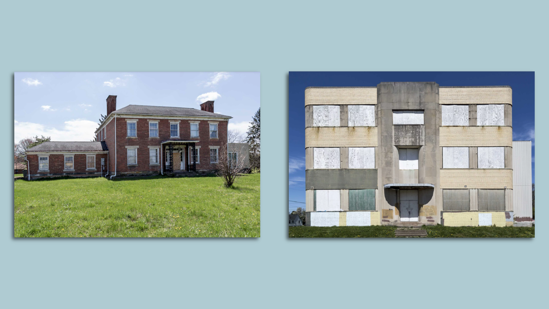 Side-by-side of two abandoned, historic buildings.