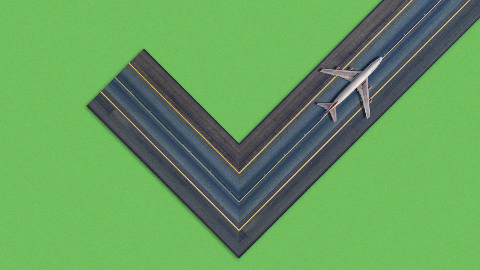 Illustration of an airport runway shaped like a checkmark.