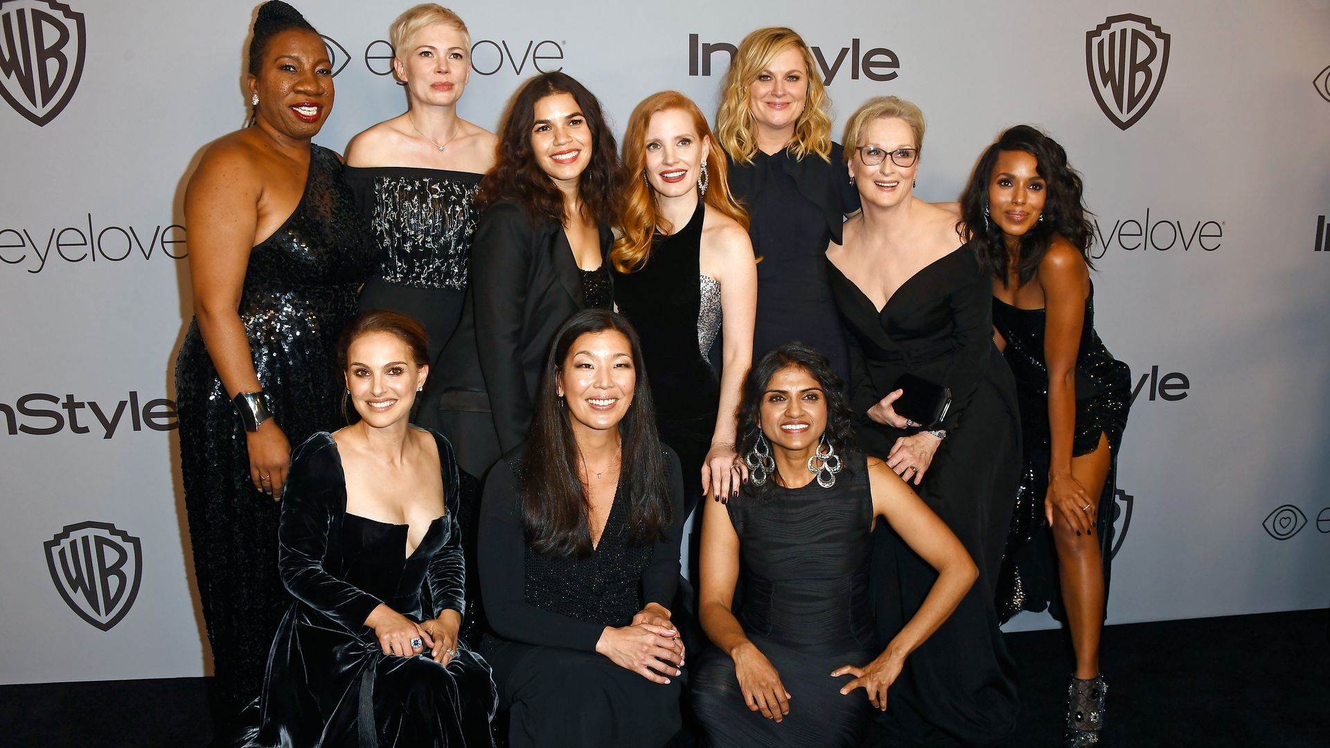 Photo of actresses at the Golden Globes wearing all black.