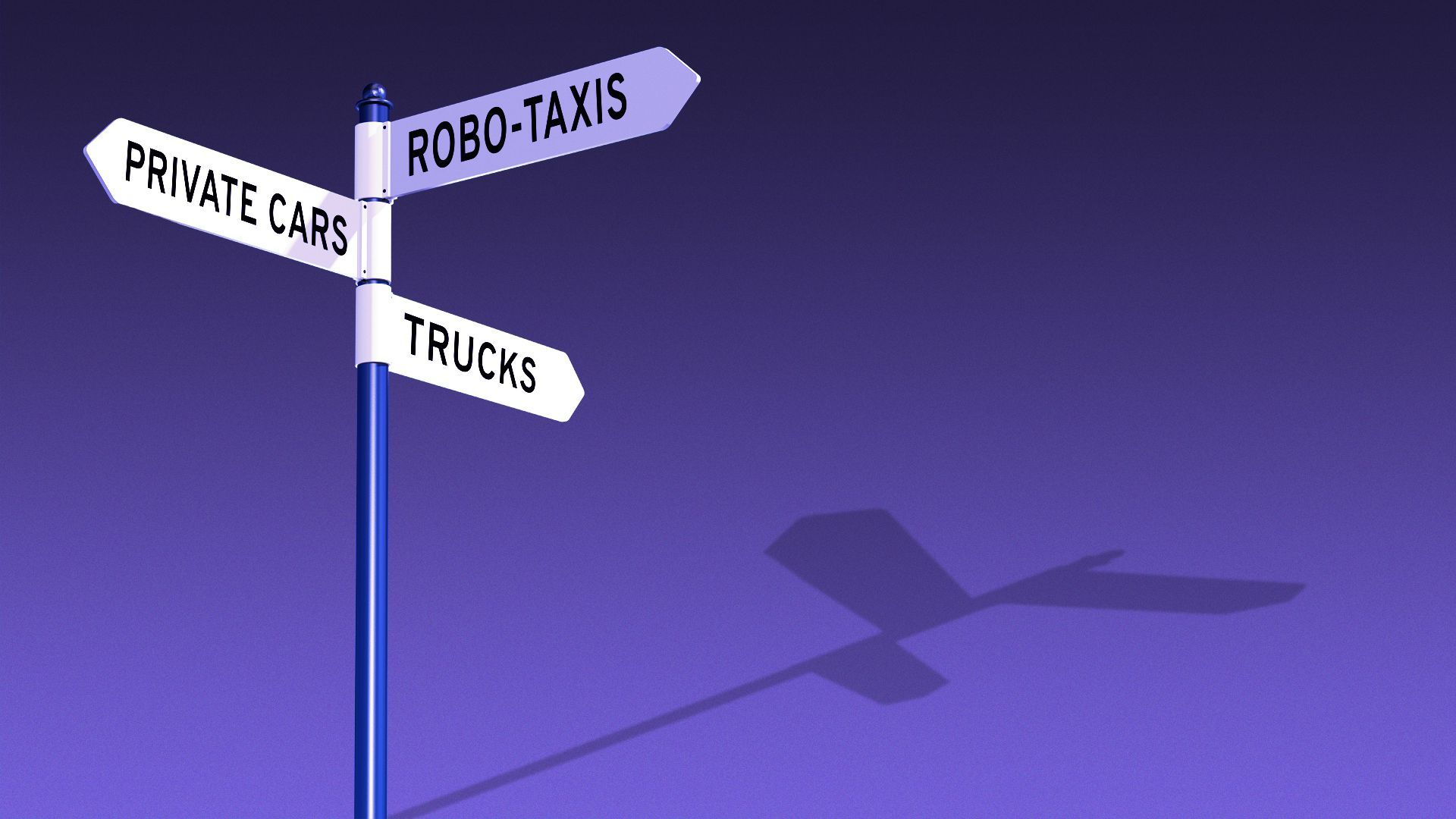 Illustration a sign post with three signs: “Robo-taxis,” “Trucks” and “Private Cars”.