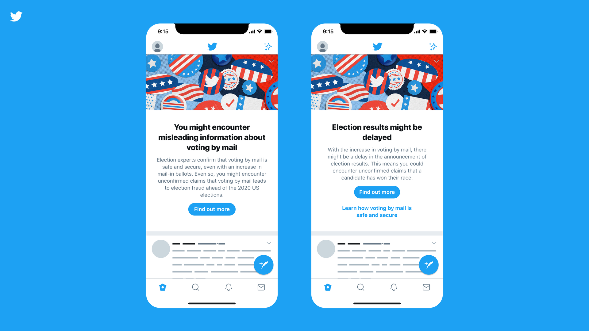 Screenshot of Twitter on two iPhones that read "you might encounter misleading information about voting by mail"