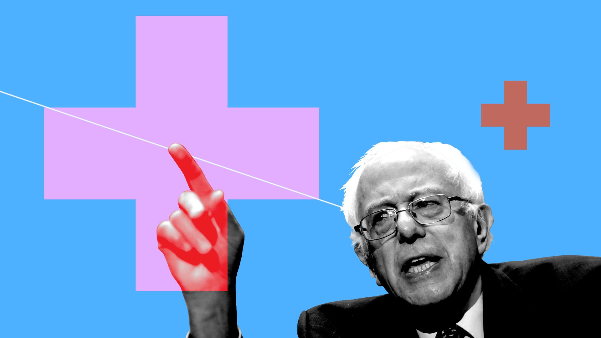 Illustrated collage of Bernie Sanders with red crosses.