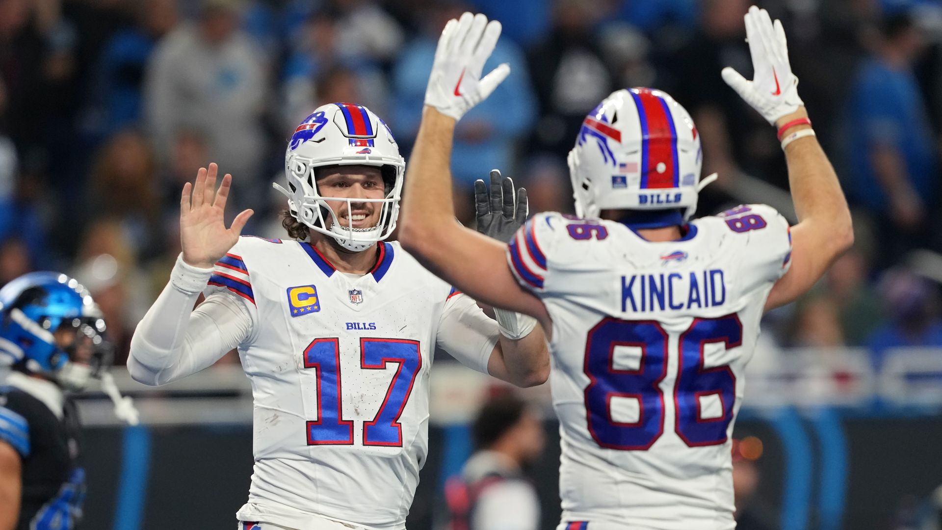Josh Allen and Dalton Kincaid of Bills celebrate a fourth-quarter touchdown. 