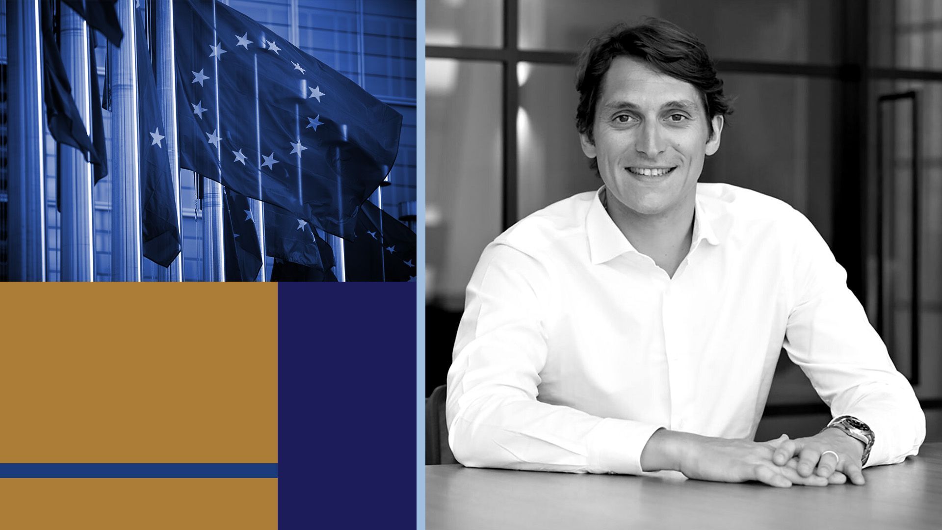 Photo illustration of Luca Bocchio with abstract shapes and European Union flags.