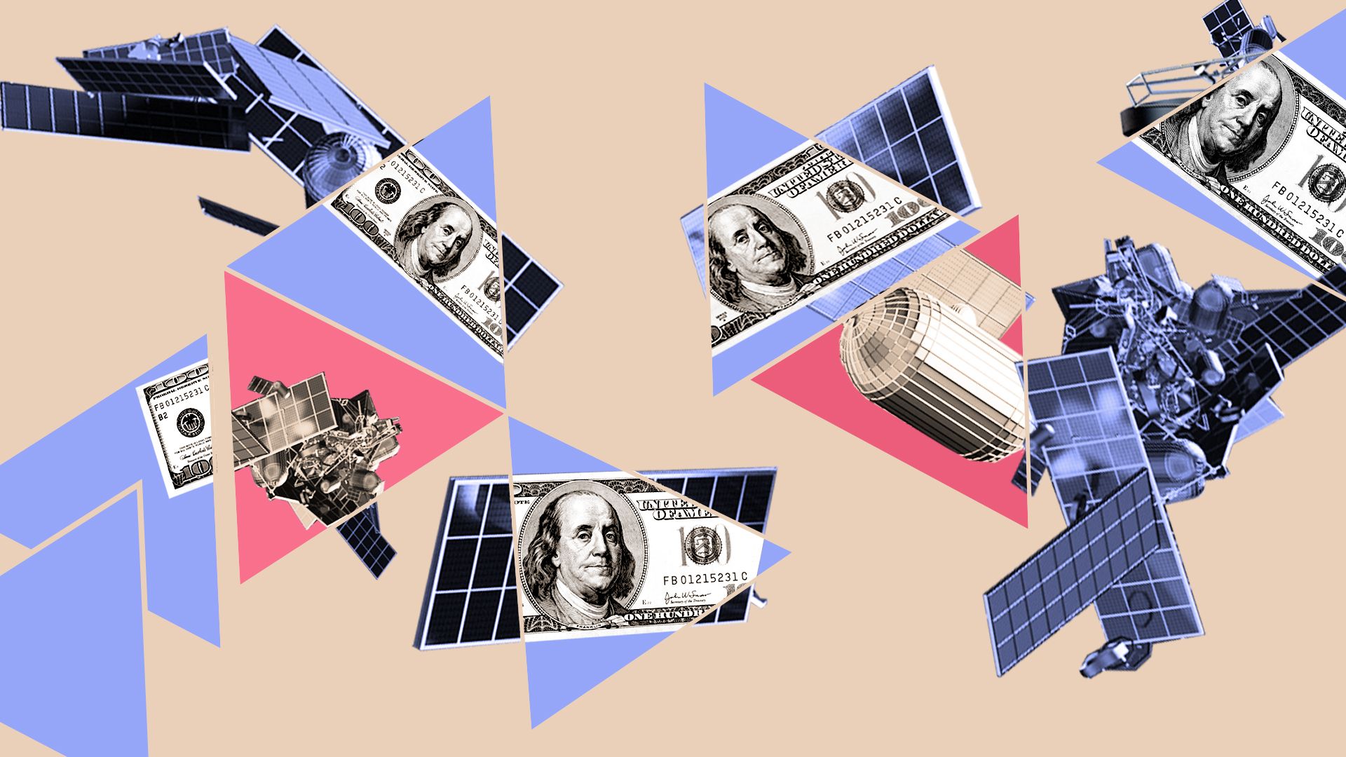 Illustrated collage of satellites and money