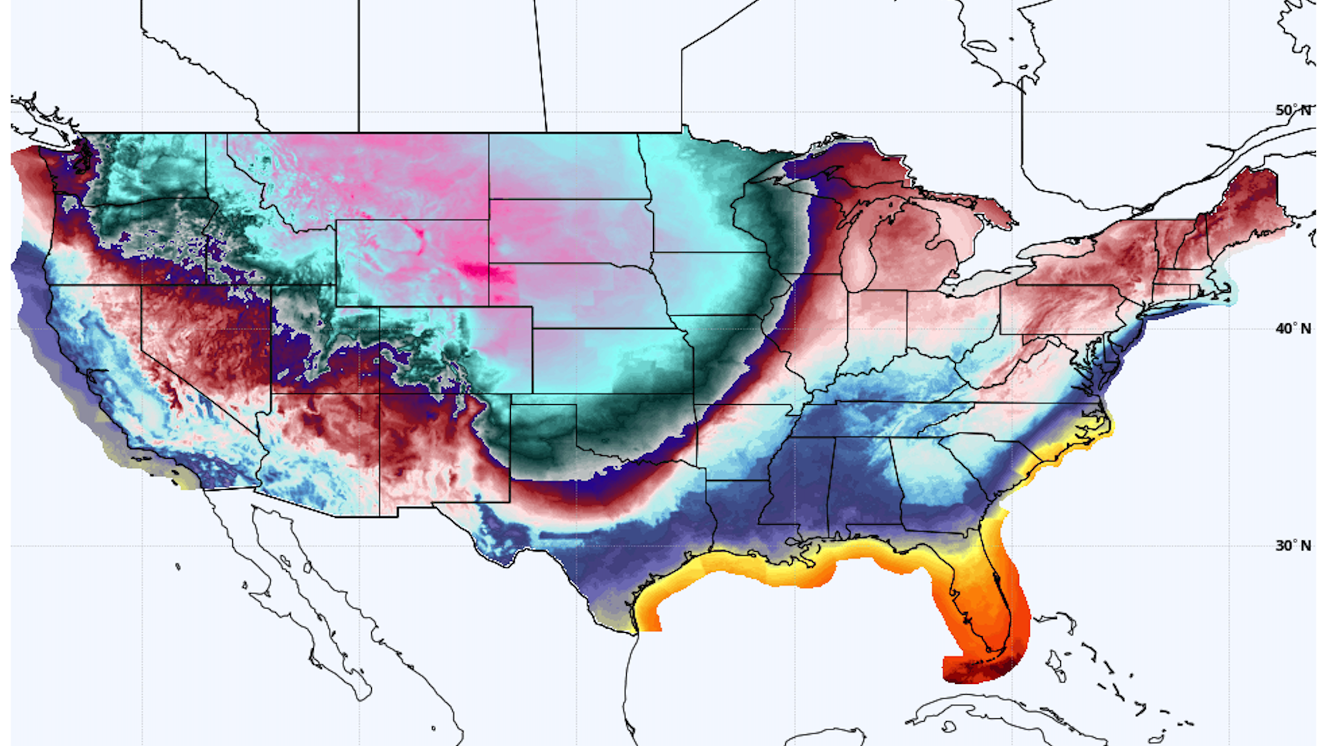 Map of wind chill readings on Dec. 22, showing the sharpness of the cold front across the Central U.S.