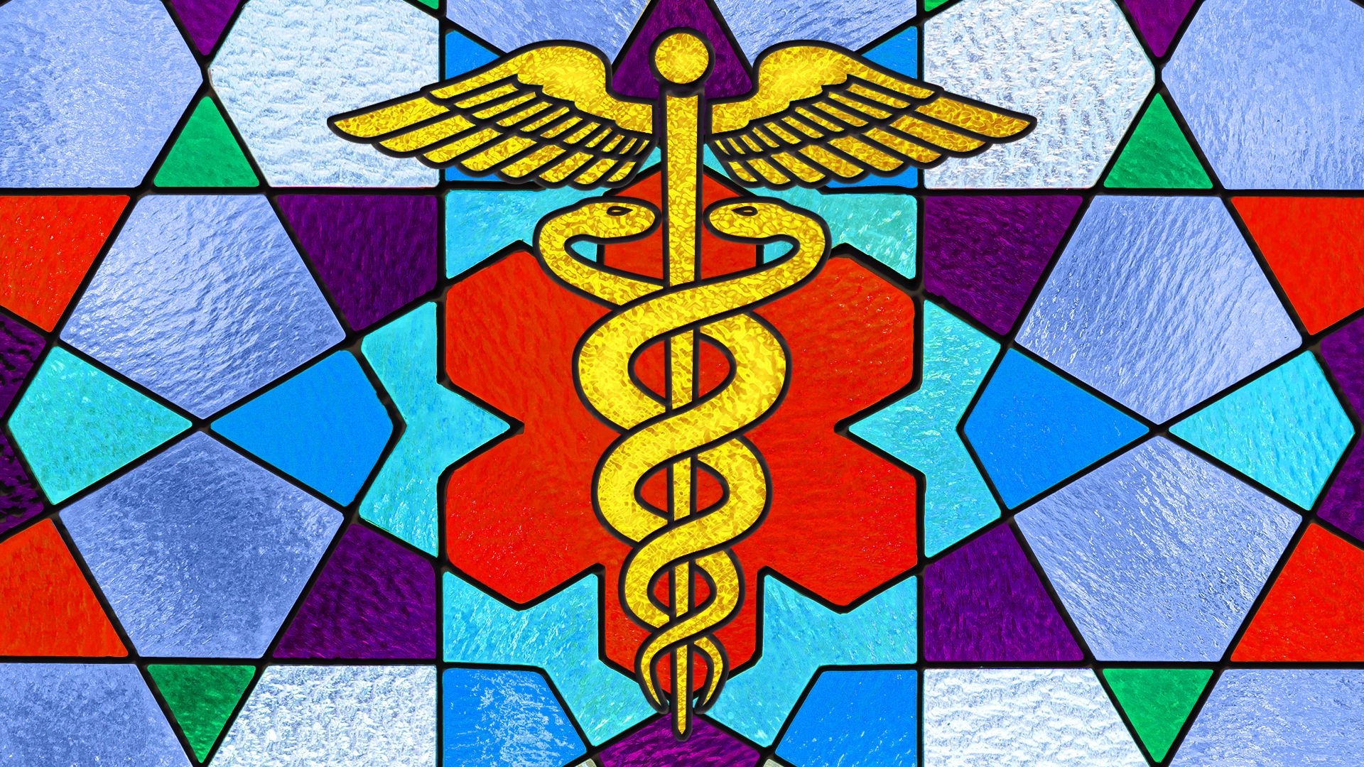 Illustration of a caduceus made out of stained glass.