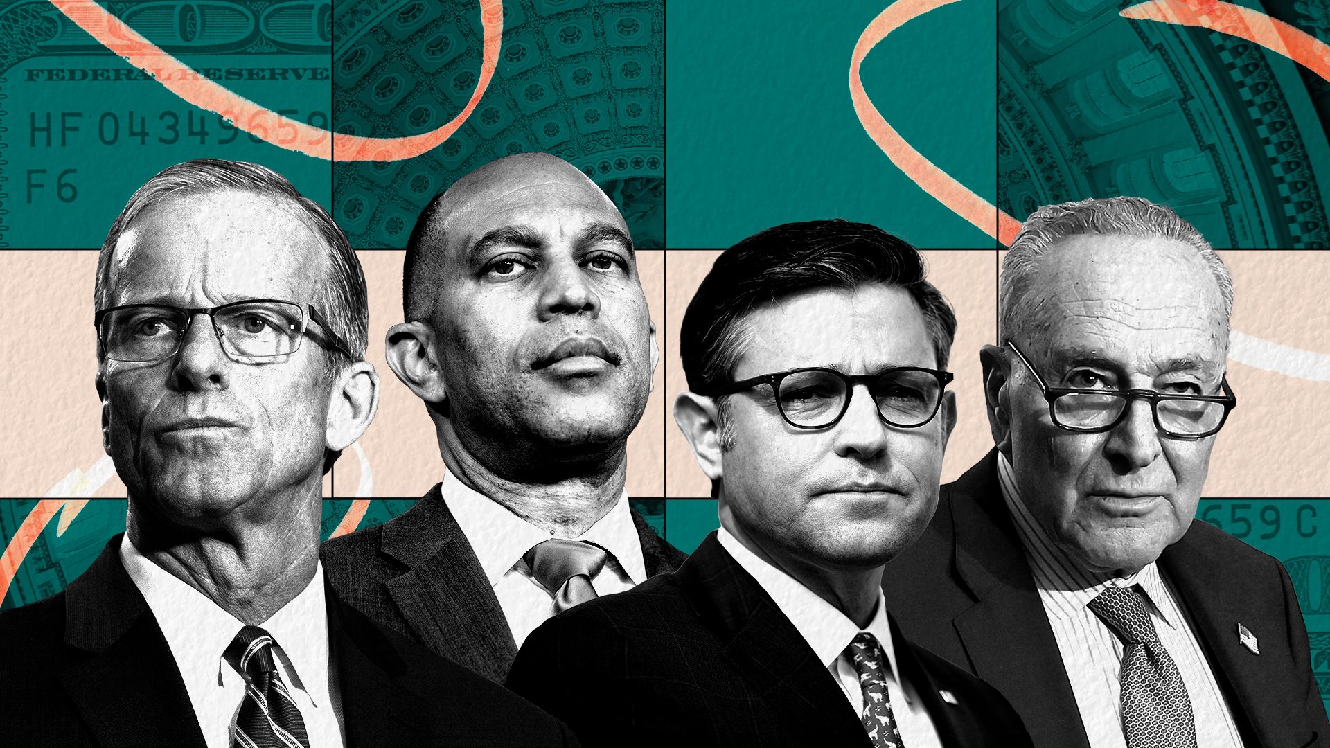 Photo illustration of John Thune, Hakeem Jeffries, Mike Johnson, and Charles Schumer, in front of a collage with currency, circles, and the interior of the Capitol Dome.