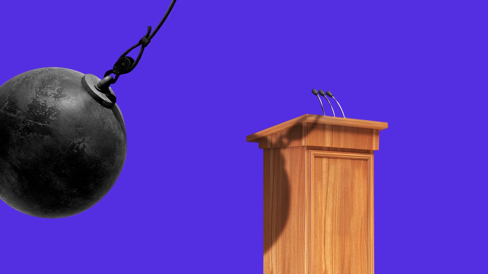 Illustration of a wrecking ball swinging towards an empty podium. 