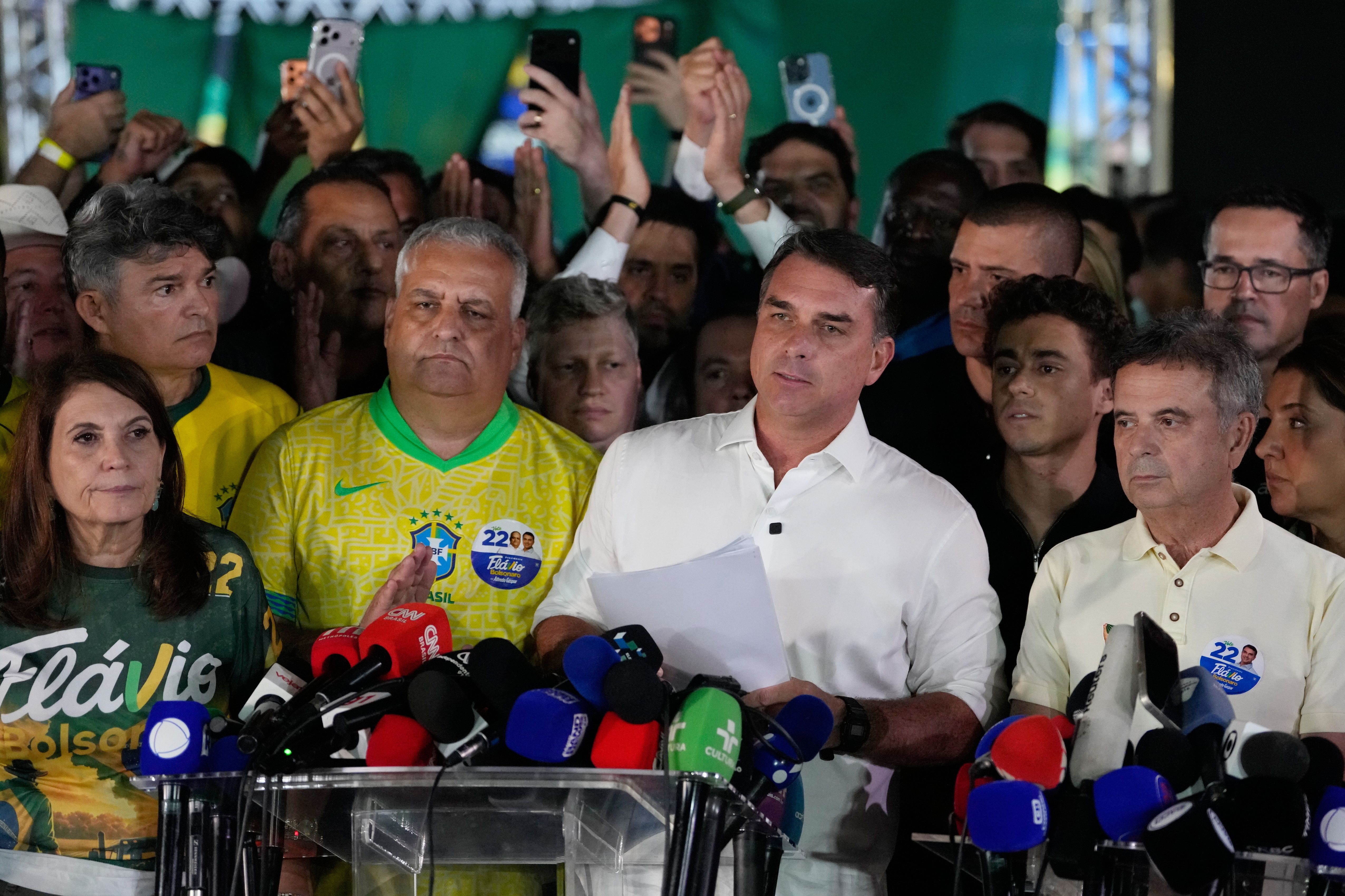 Flavio Bolsonaro speaks after the presidential election runoff in Brasilia, Brazil, on Sunday.