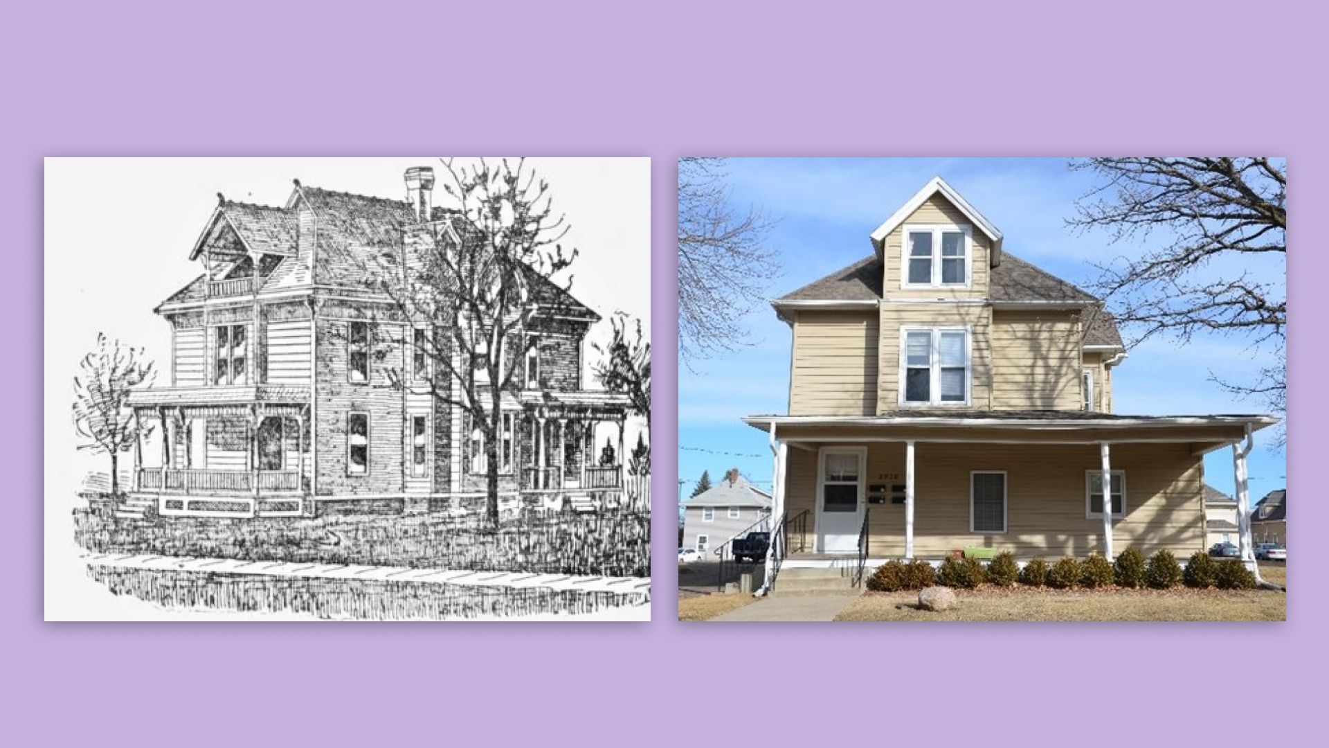 A drawing next to a photo of a historic Victorian house in Des Moines.