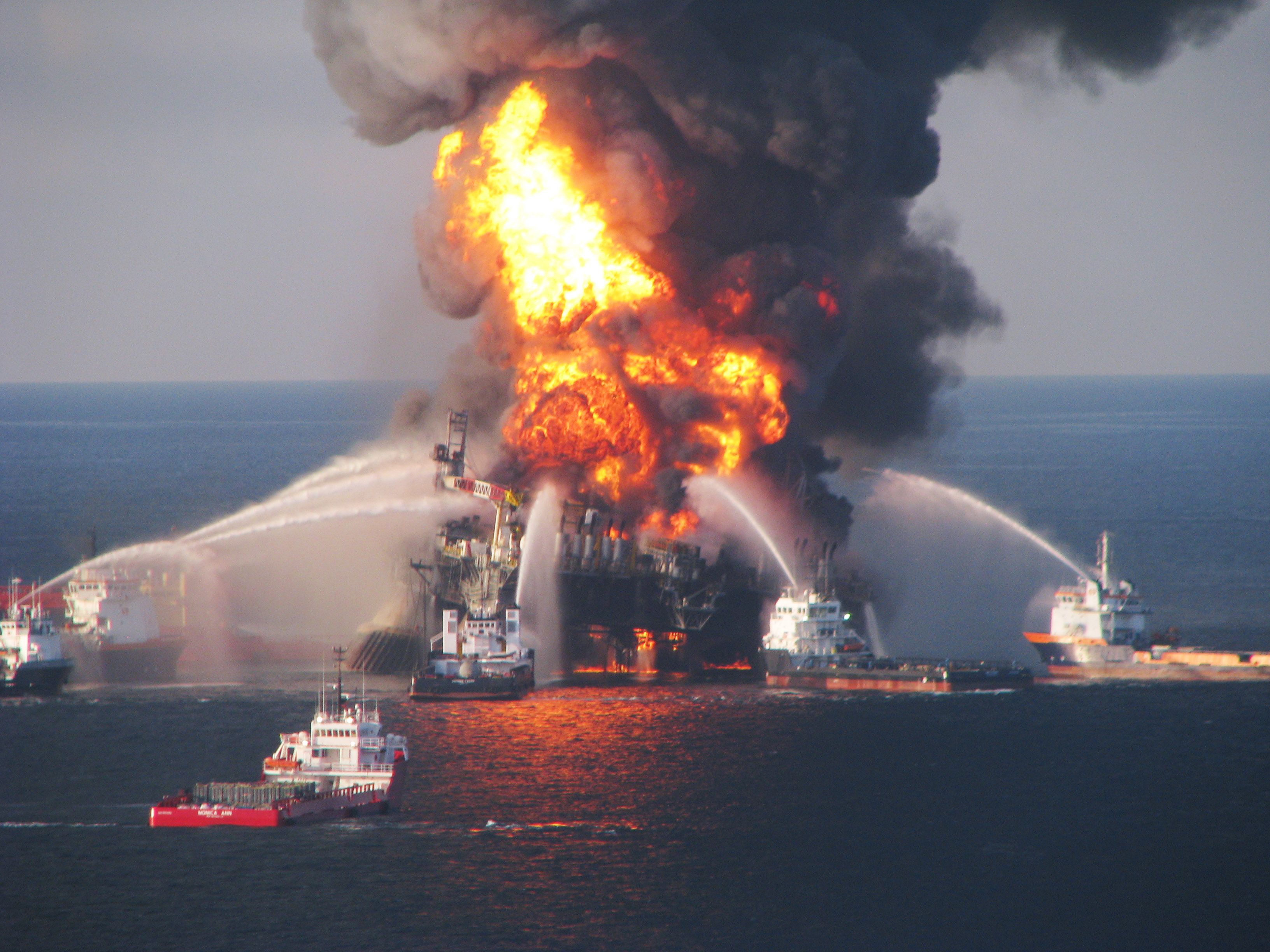 Fire boats battle a fire at the off shore oil rig Deepwater Horizon April 21, 2010 in the Gulf of Mexico off the coast of Louisiana. 