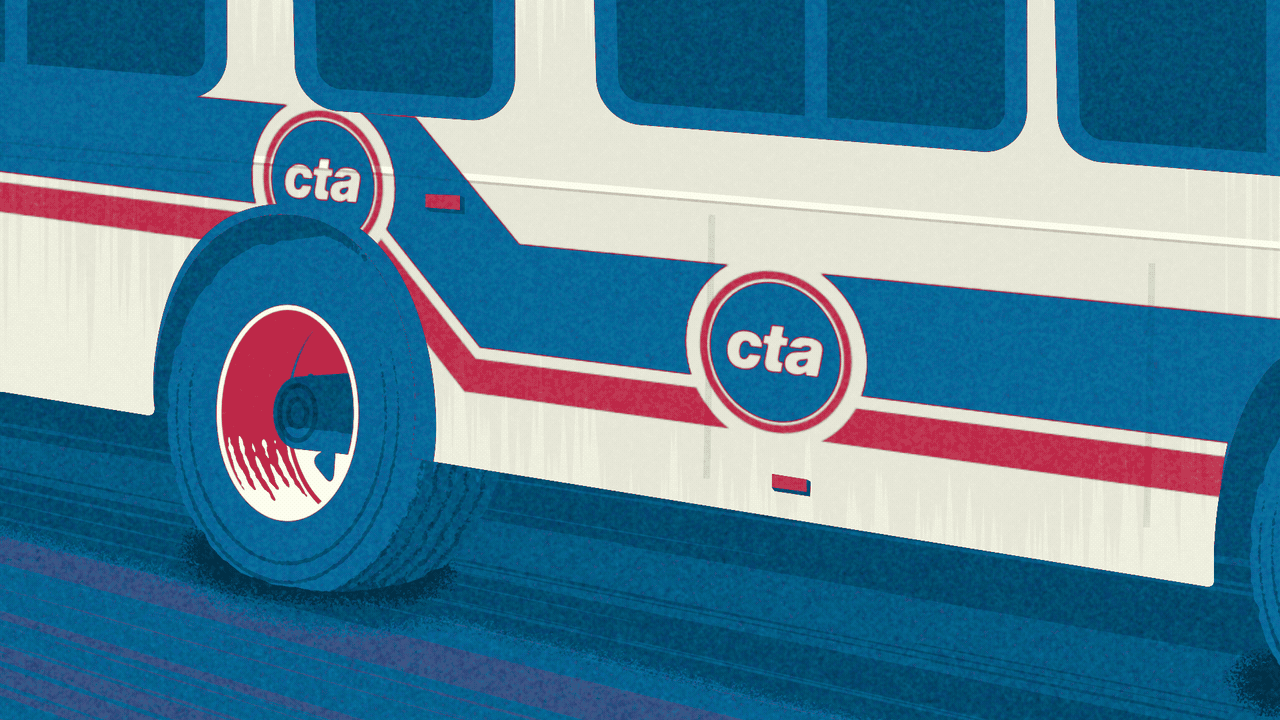 Animated illustration of the side of a moving CTA bus, with CTA logos moving from front to back along the bus' stripes.