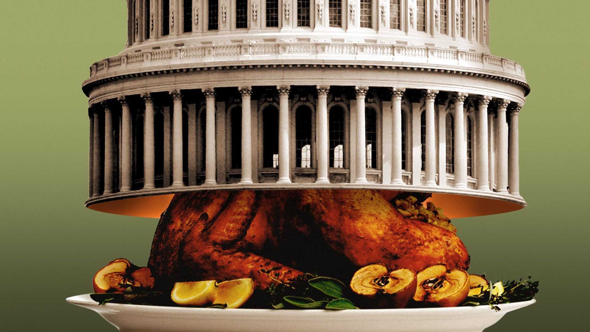 Illustration of a roast chicken on a platter with the Capitol dome as the lid.