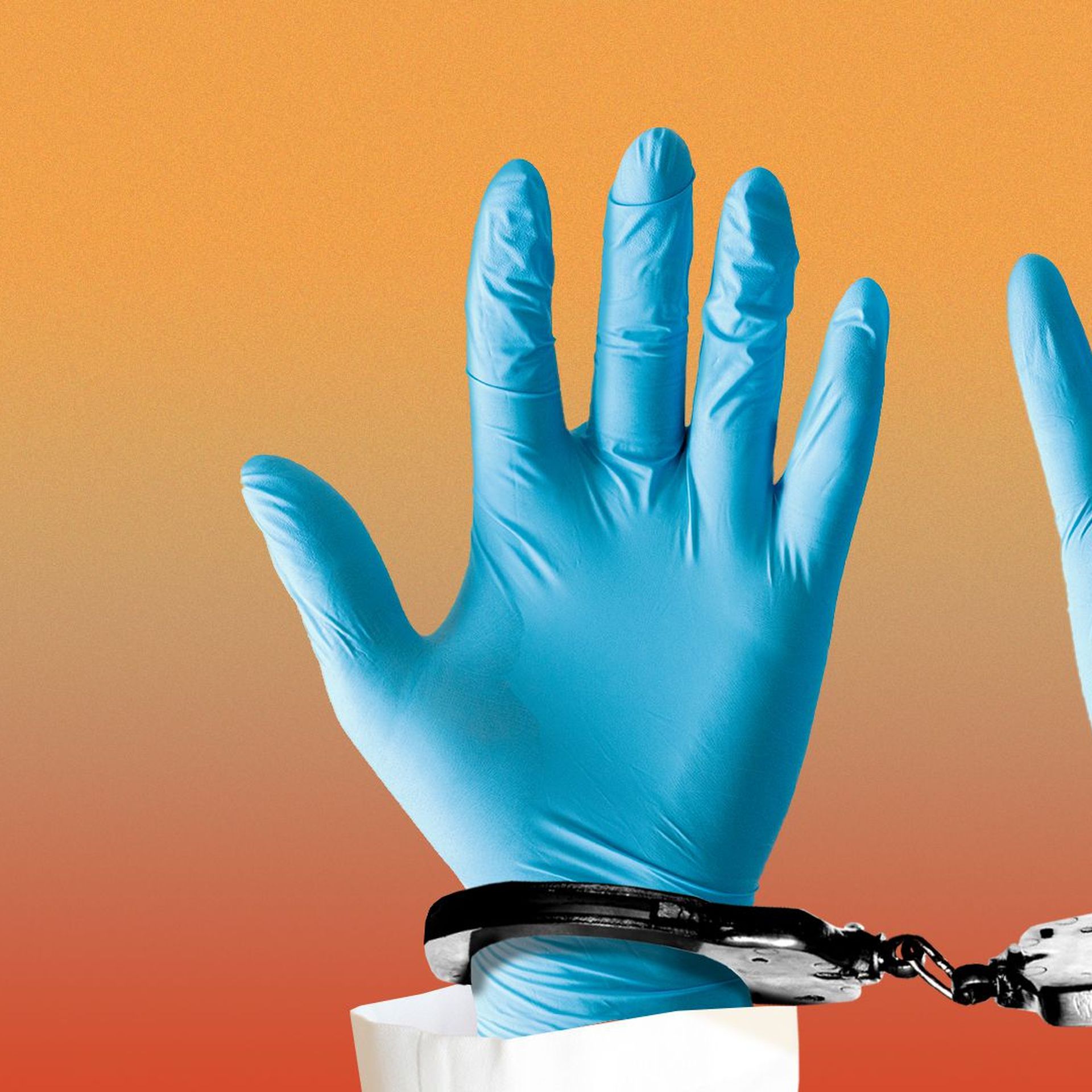 Illustration of a doctor's handcuffed hands wearing medical gloves