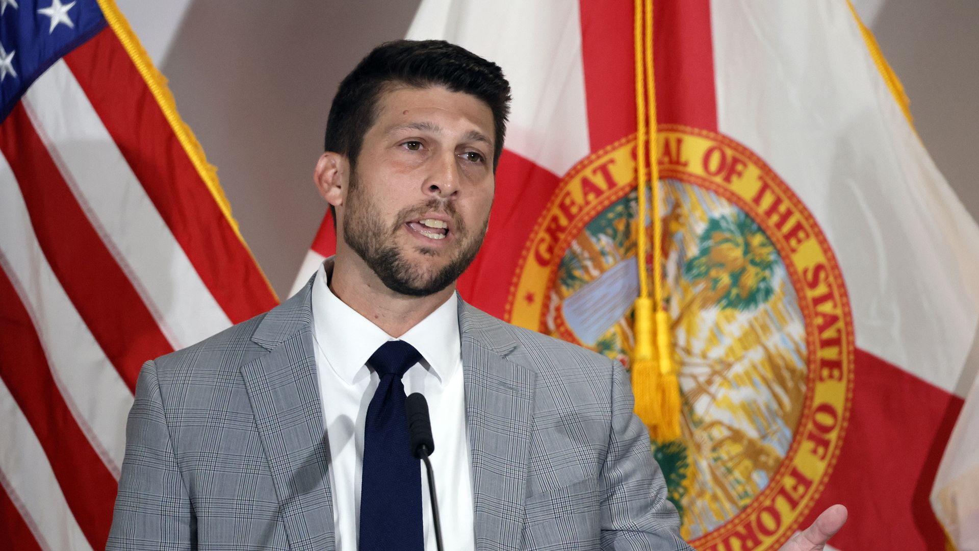 Man standing at a podium with a microphone and the American flag and the Florida State flag.