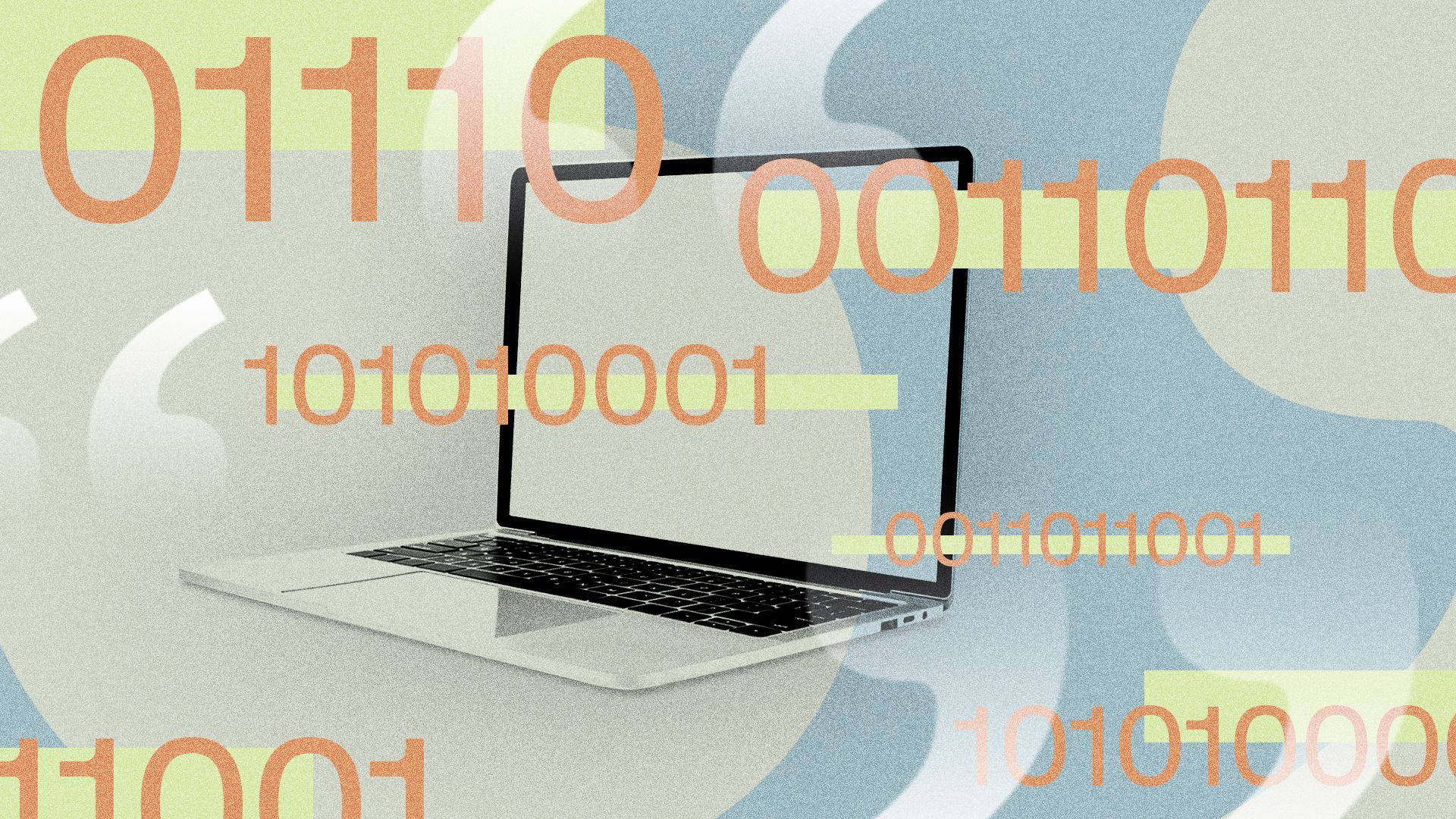 Illustration of a computer with quote marks, binary numbers and abstract shapes.