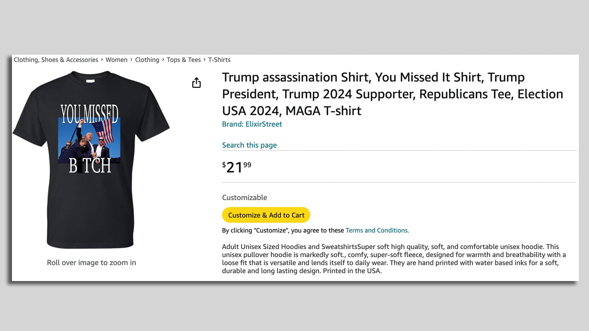 Screenshot of a homemade Trump t-shirt from Amazon.com