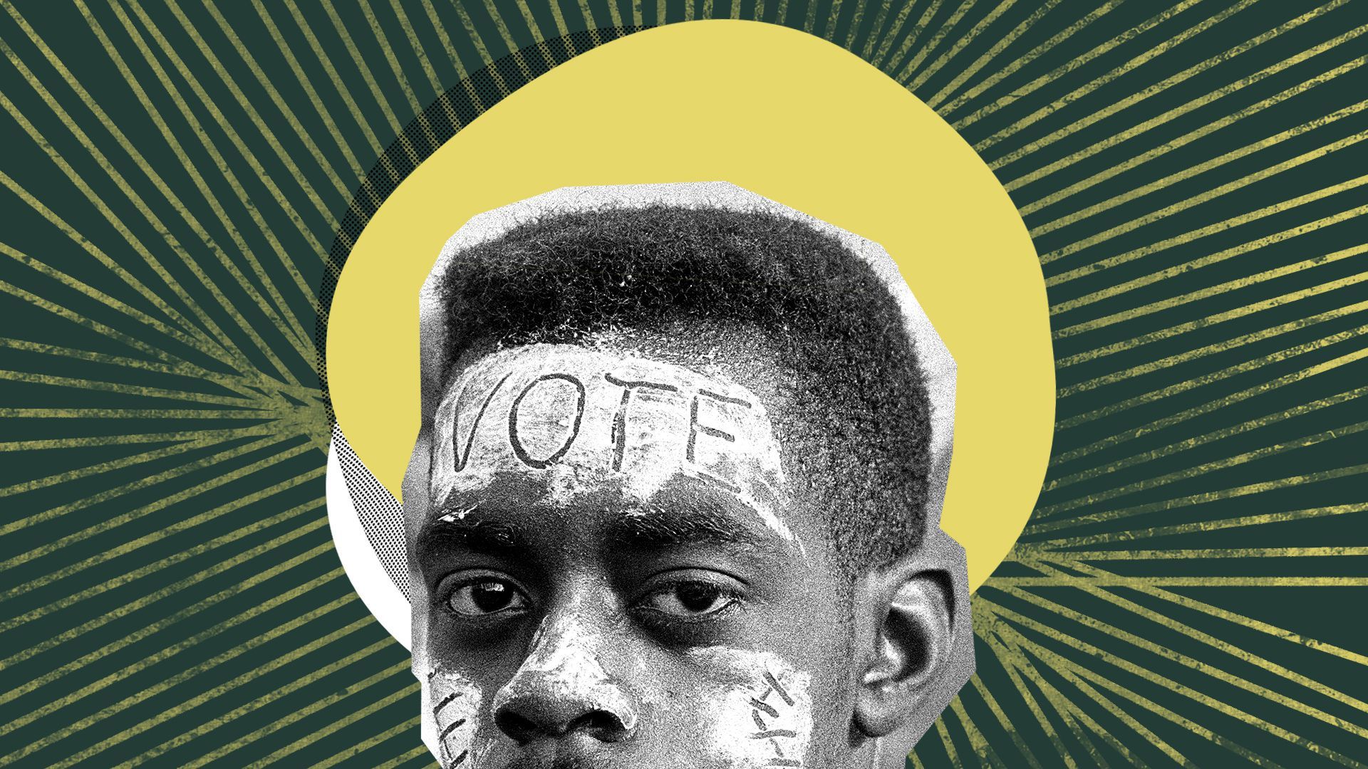 Photo illustration of a young Black man with the word "VOTE" painted on his forehead. 