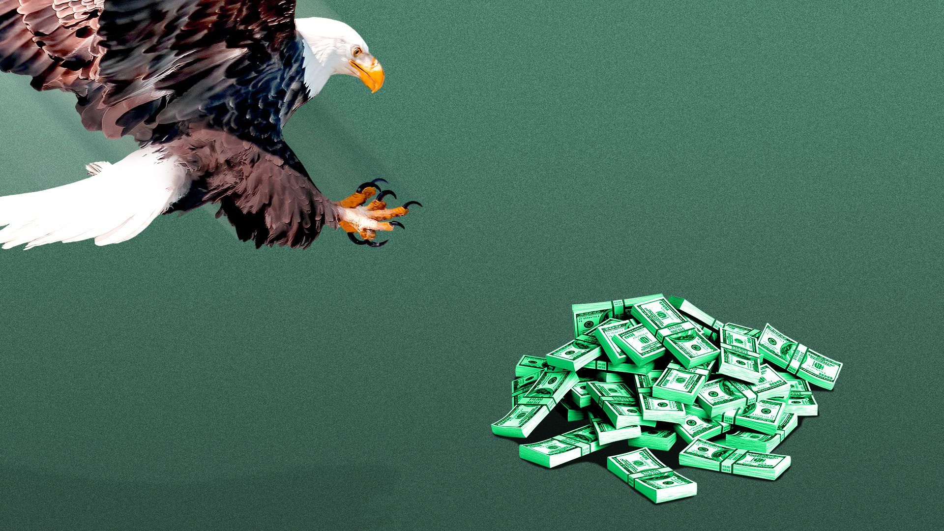 Illustration of an eagle swooping in on a pile of cash.