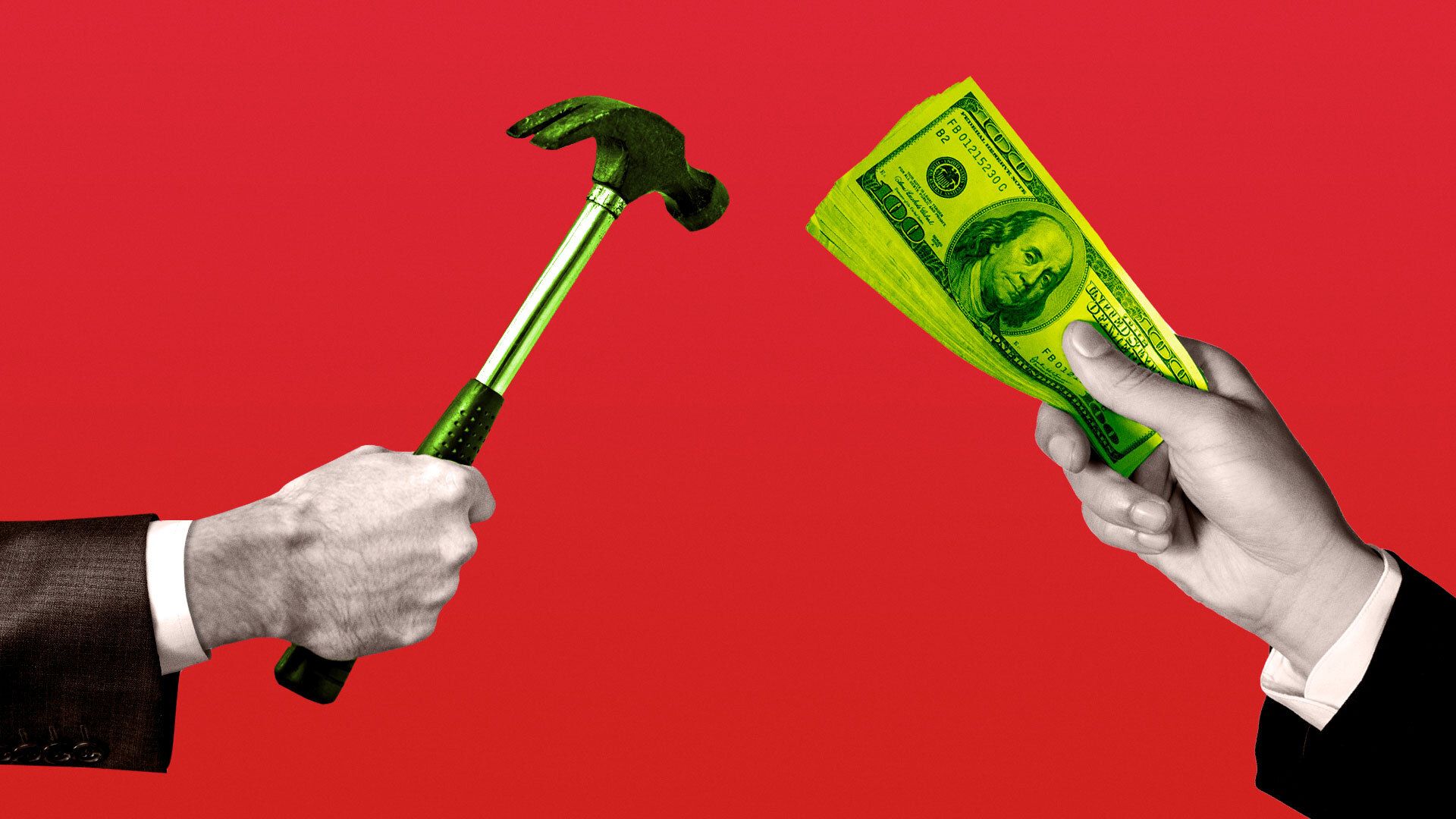 Illustration show a hand holding a hammer and another holding a wad of dollar bills.