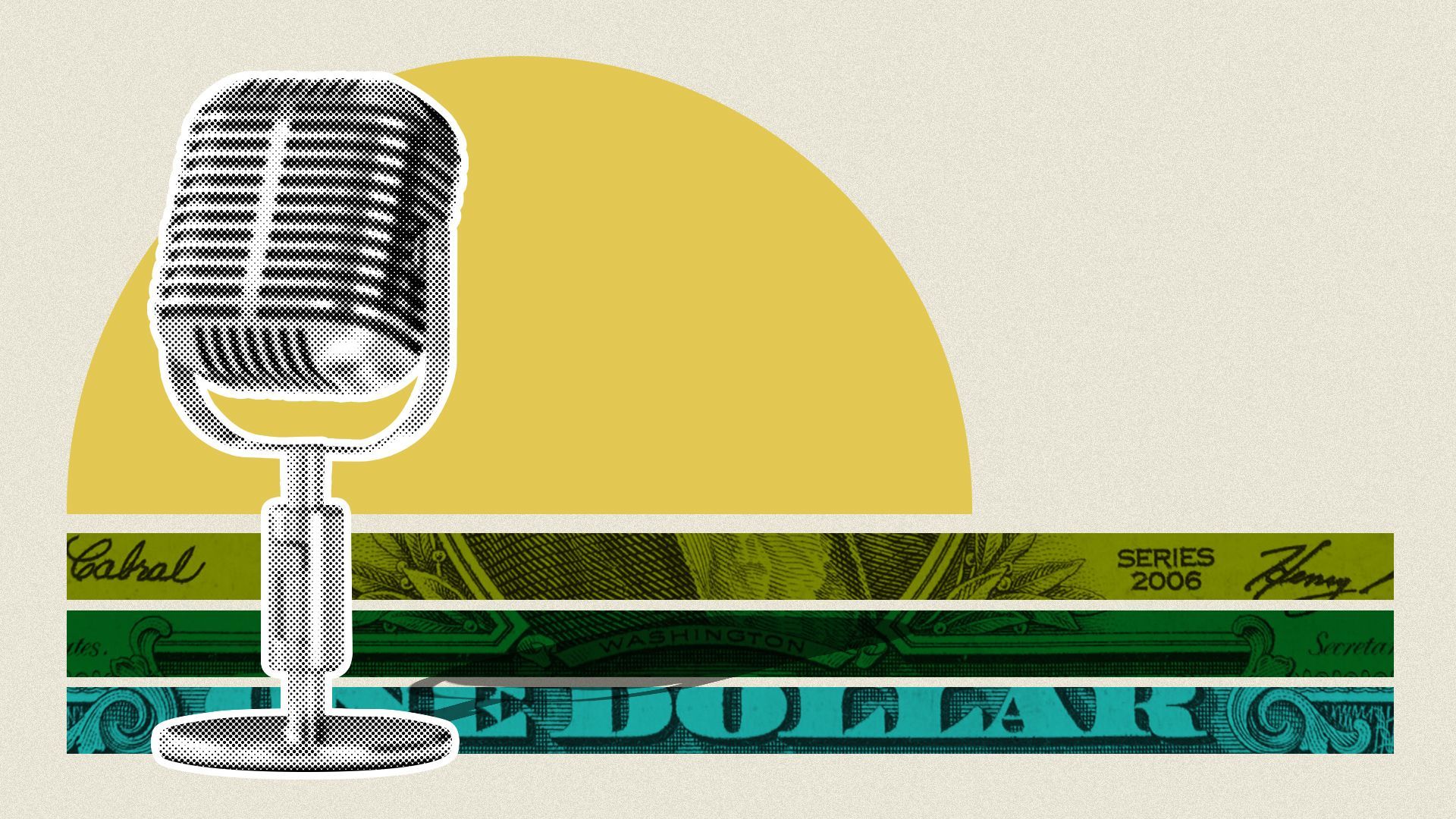Illustration of an abstract sunrise and an old-fashioned microphone.