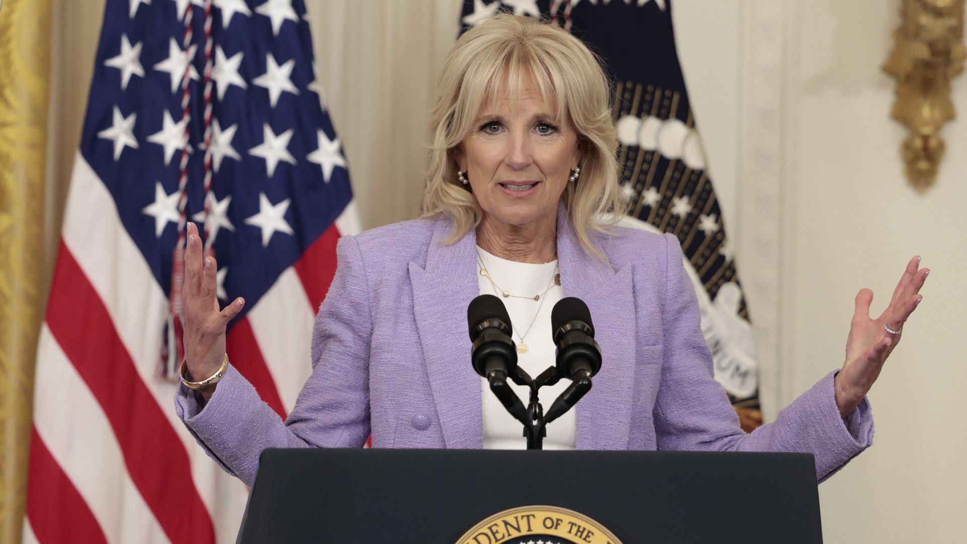 First Lady Jill Biden delivers remarks during an event for the 2022 National and State Teachers of the Year in the East Room of the White House on April 27.