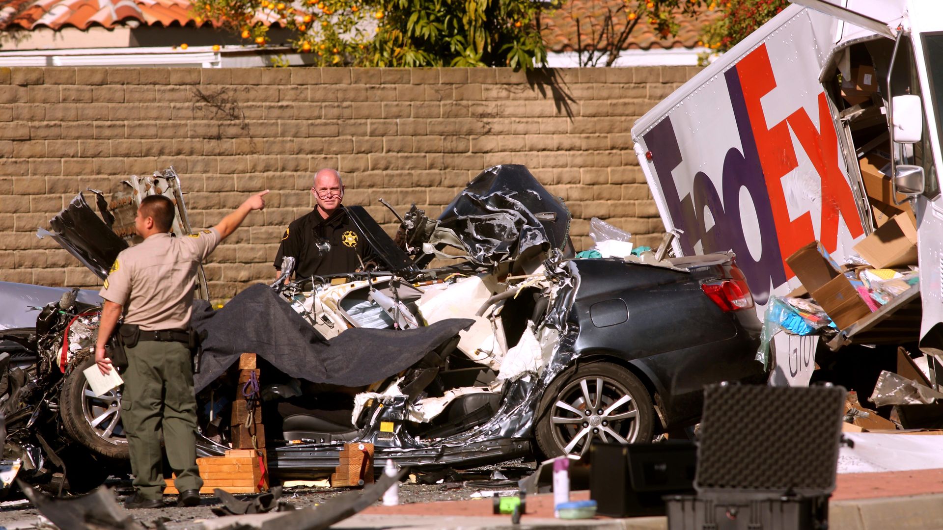 Police investigating a six-vehicle crash involving a FedEx truck in Cerritos, California, on Jan. 5.