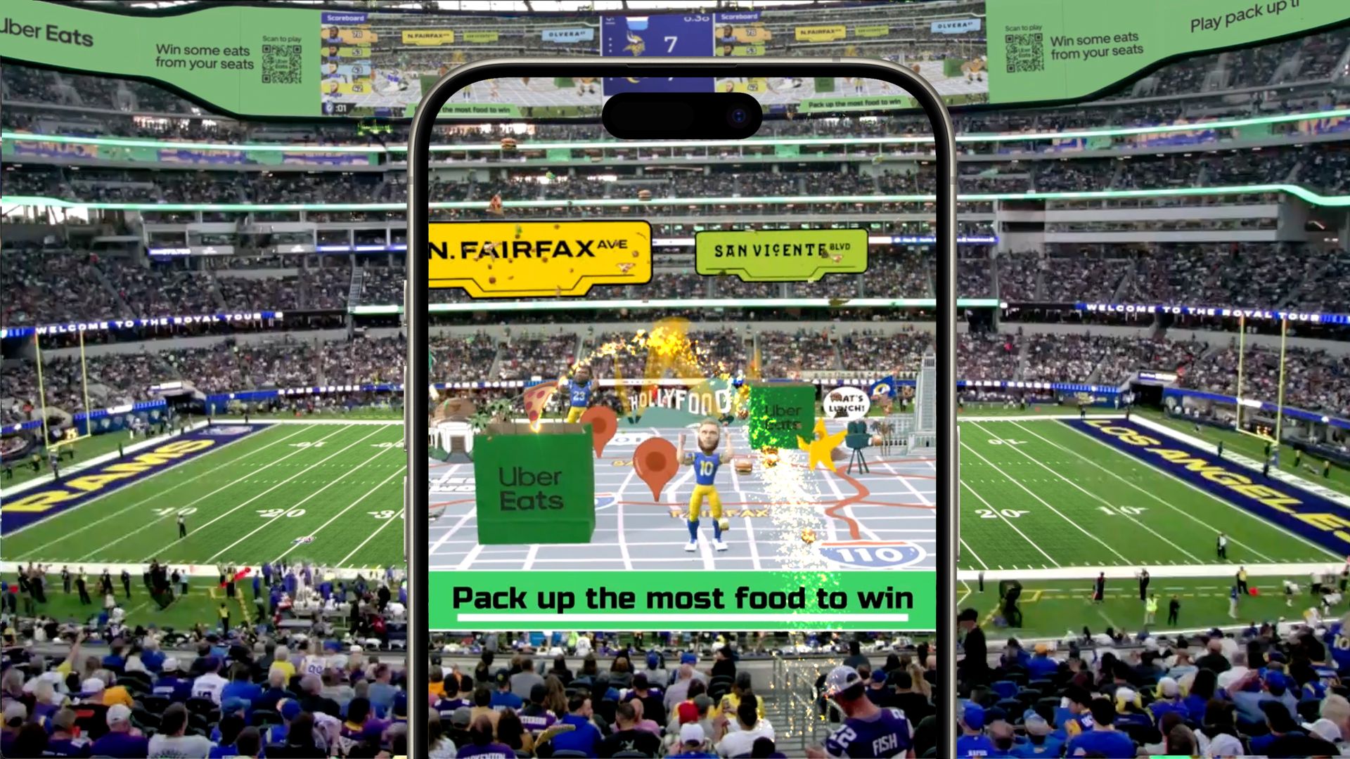 A screengrab of an augemented reality experience at an LA Rams game