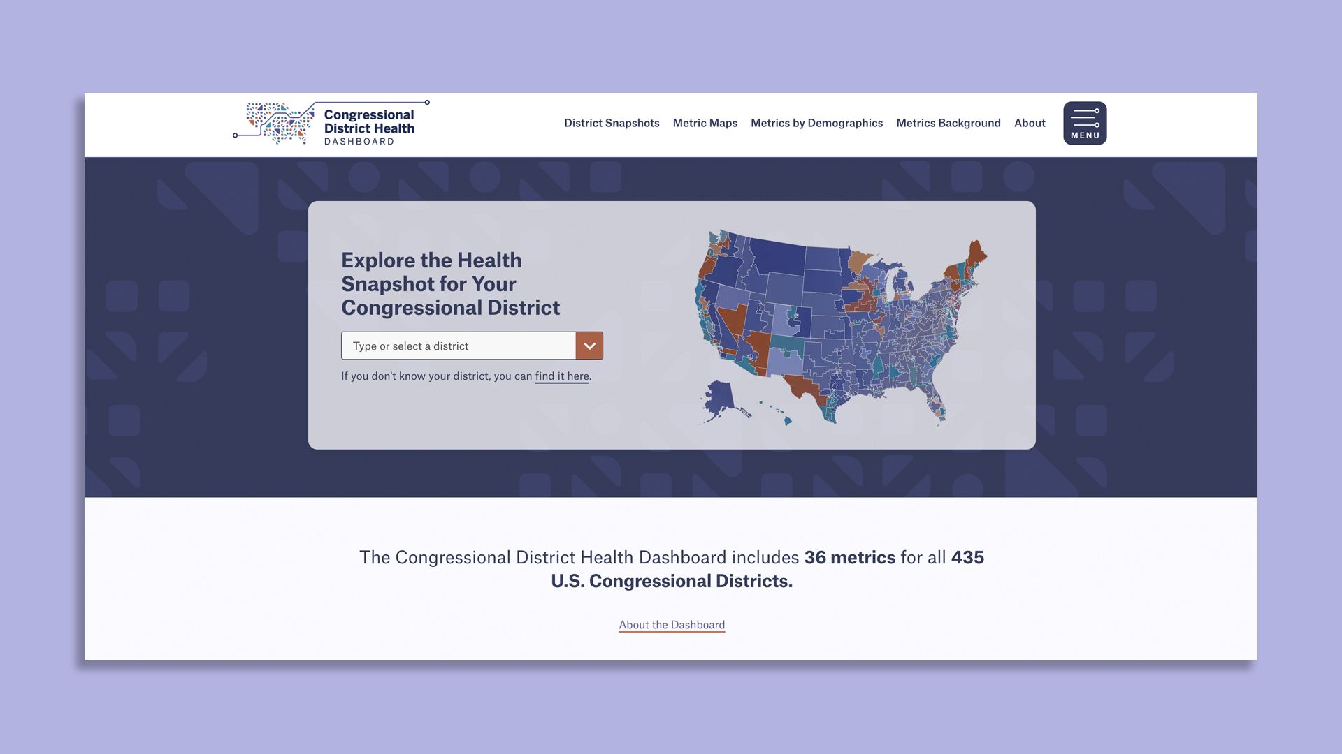 Screenshot of the home page of the Congressional District Health Dashboard's website.