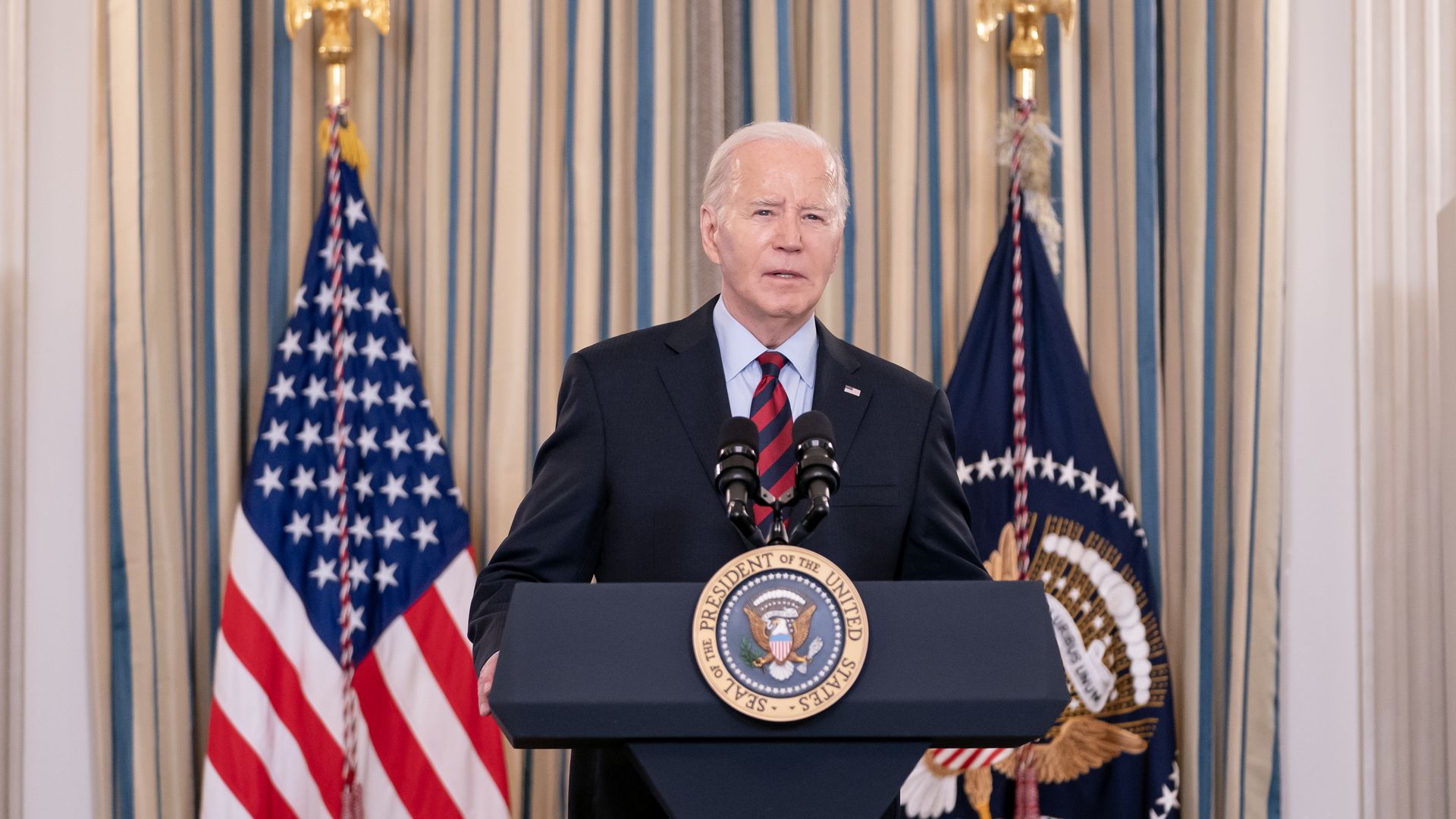 President Joe Biden speaks during a meeting with his Competition Council in the State Dining Room of the White House on March 5, 2024 in Washington, DC. Biden announced new economic measures during the meeting