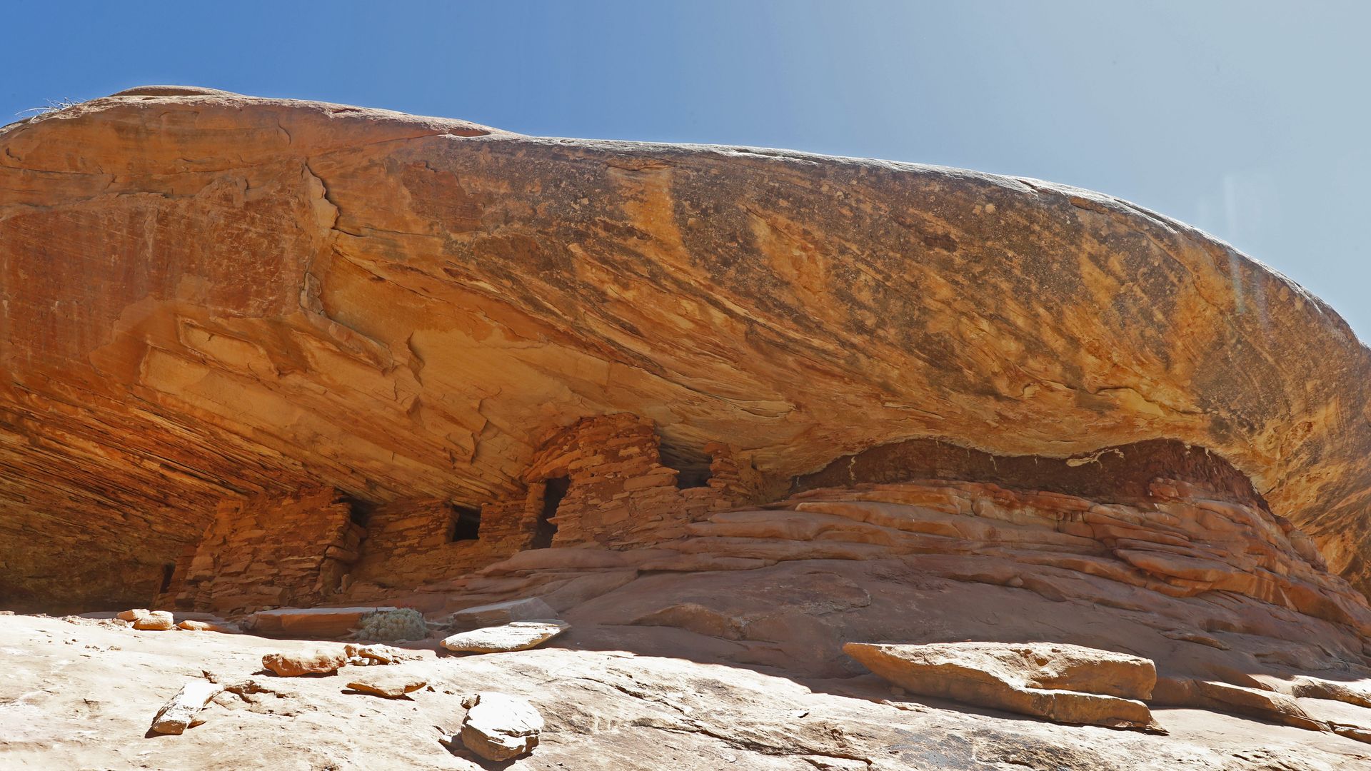Ancient granaries, part of the House on Fire ruins are shown here in the South Fork of Mule Canyon in the Bears Ears National Monument on May 12, 2017 outside Blanding, Utah.